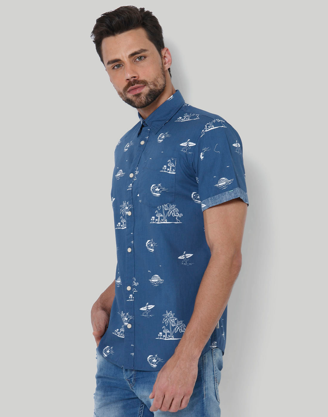 Blue Palm Tree Print Shirt