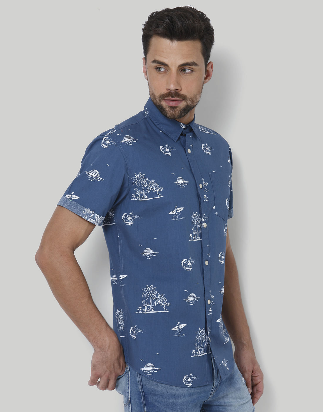 Blue Palm Tree Print Shirt