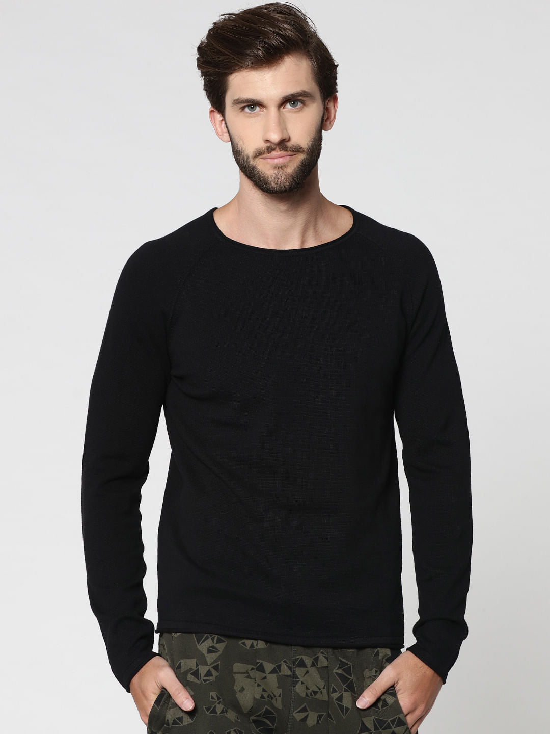 Black Raglan Sleeves Crew Neck Sweatshirt - XS