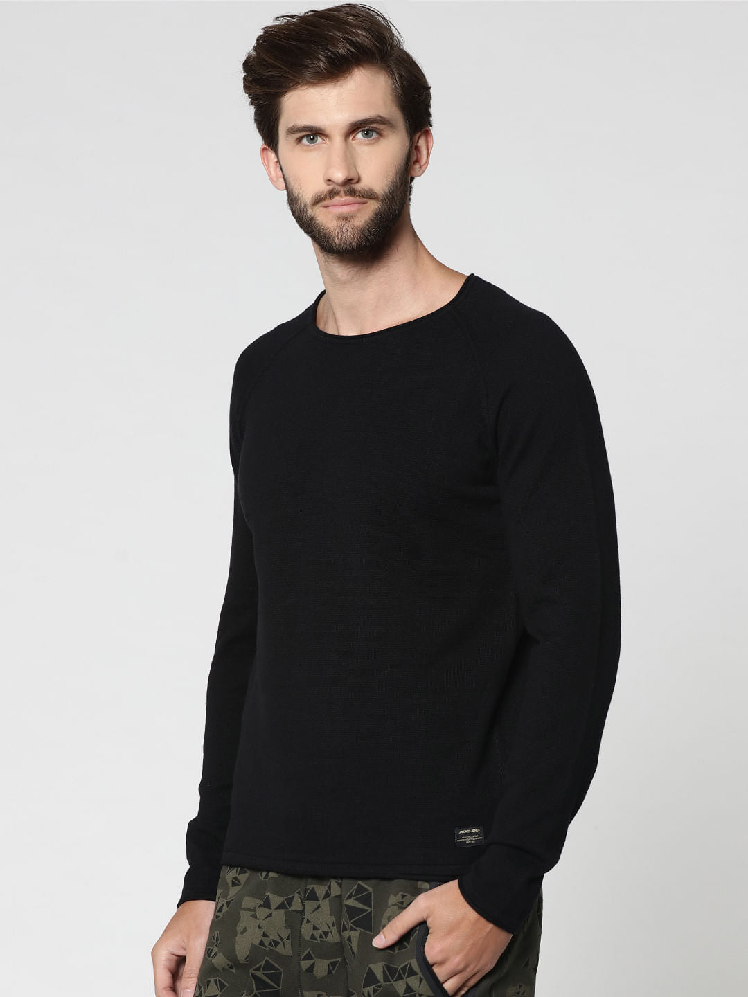 Black Raglan Sleeves Crew Neck Sweatshirt