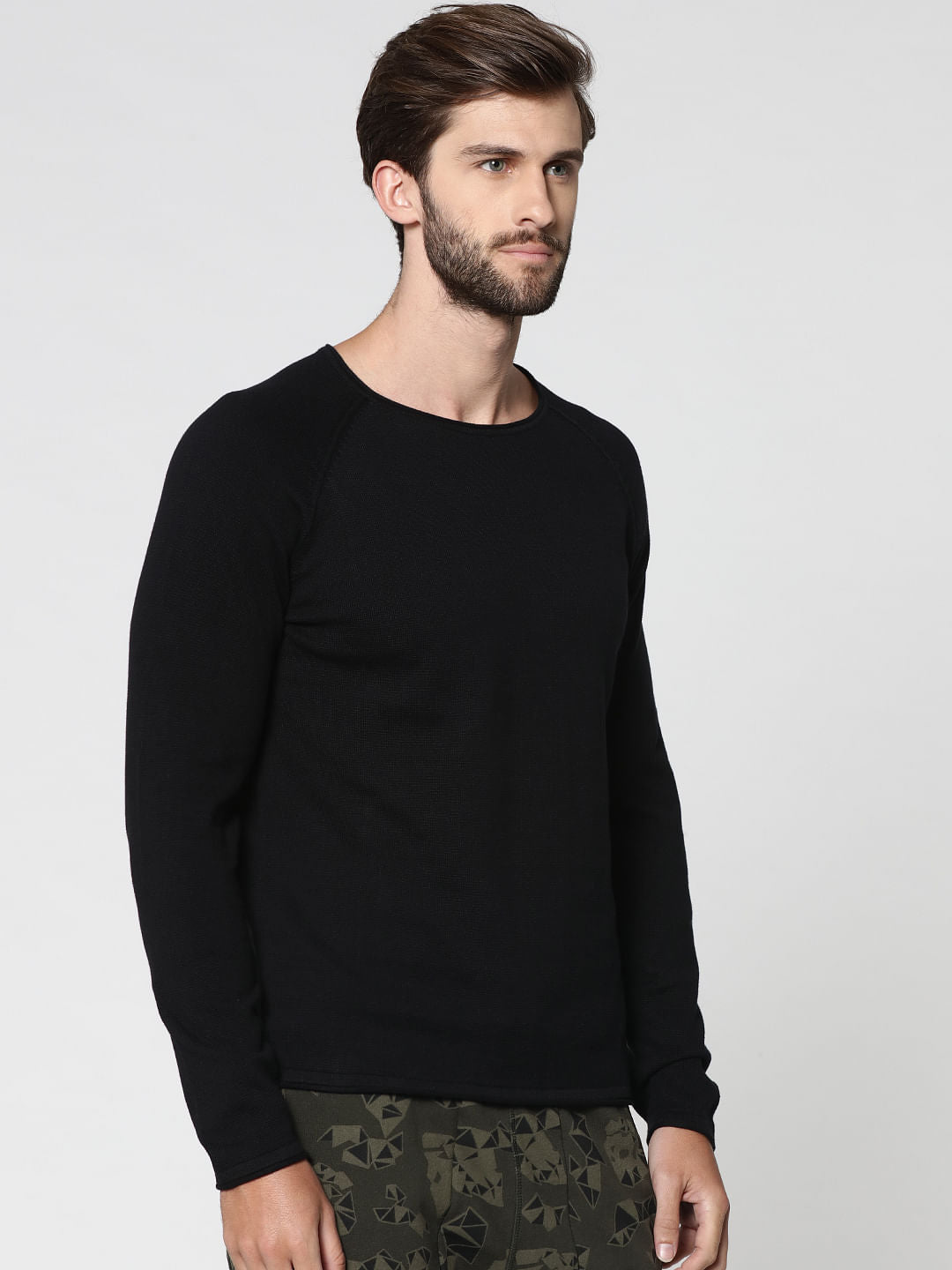 Black Raglan Sleeves Crew Neck Sweatshirt