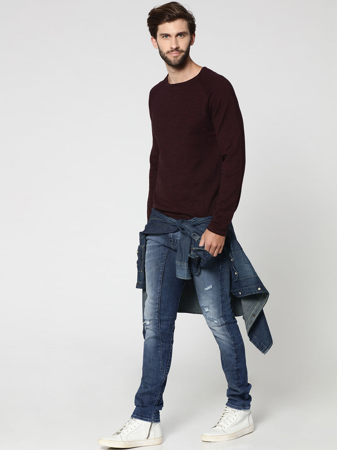Burgundy Raglan Sleeves Crew Neck Sweatshirt