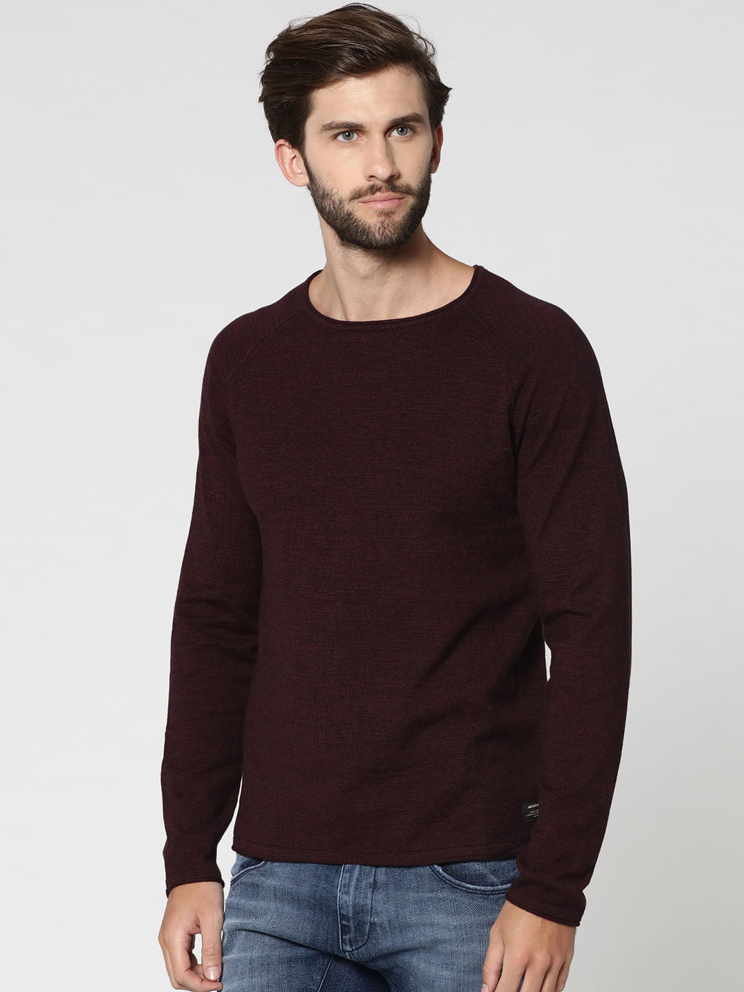Burgundy Raglan Sleeves Crew Neck Sweatshirt - S
