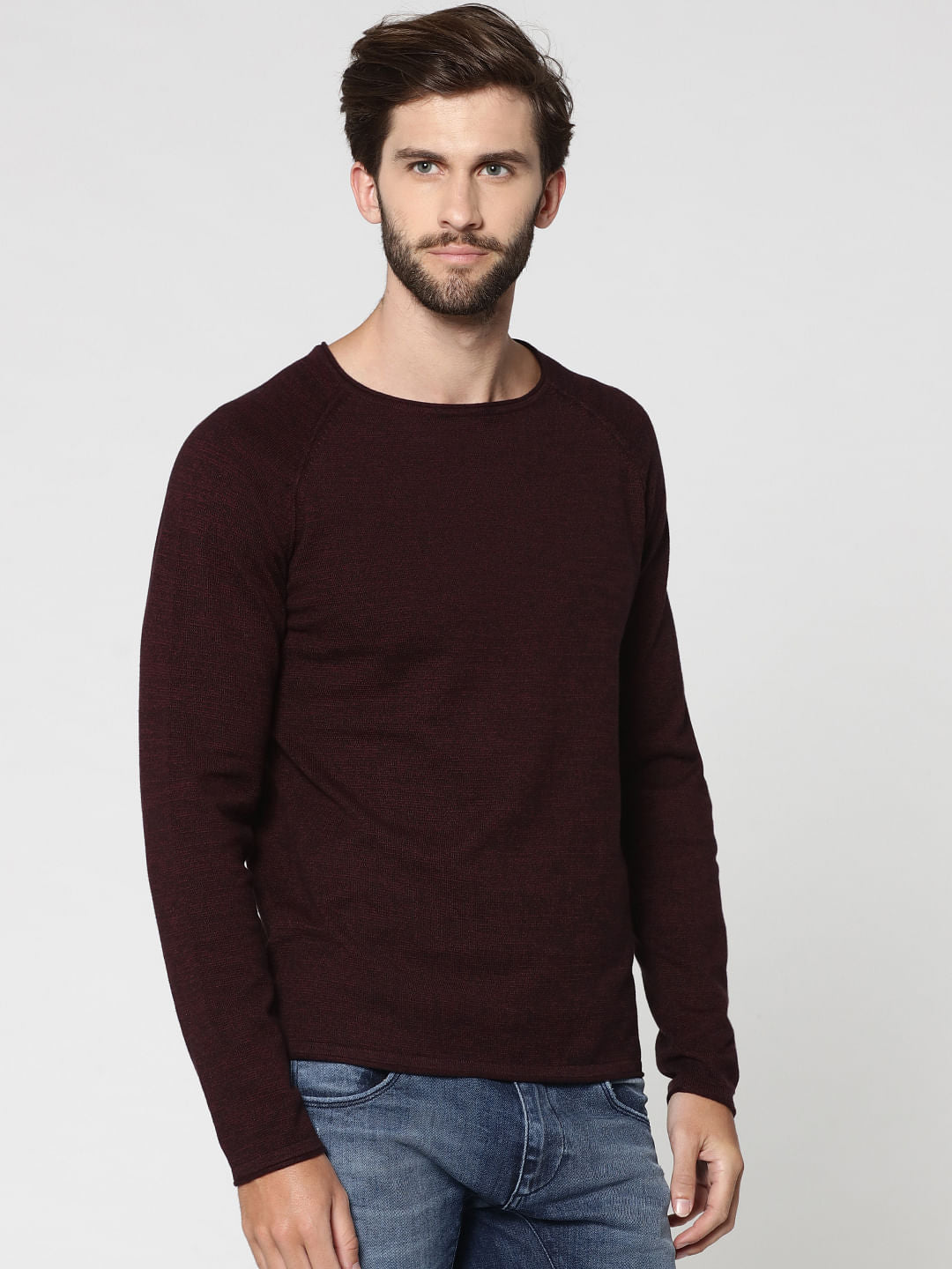 Burgundy Raglan Sleeves Crew Neck Sweatshirt