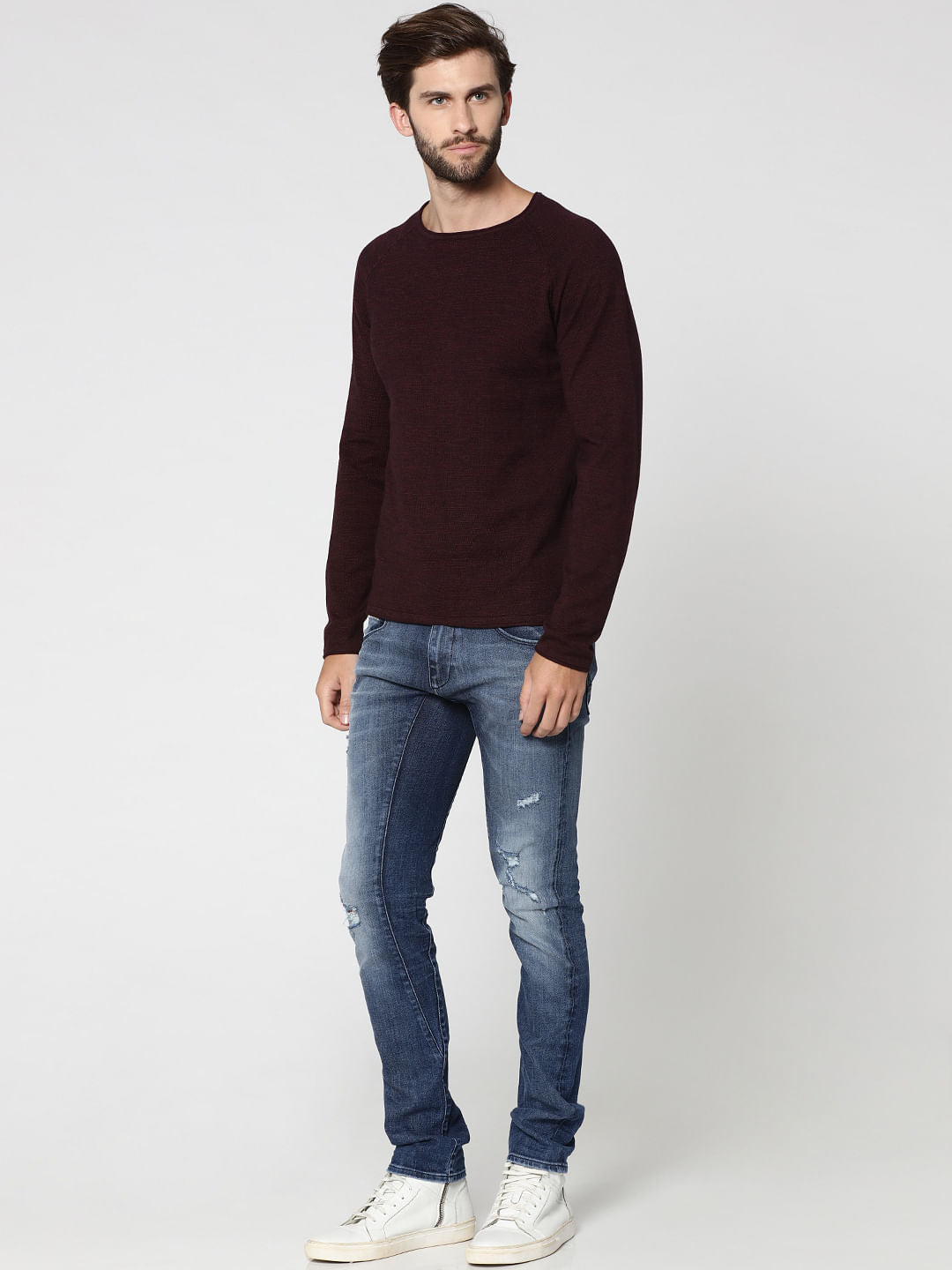 Burgundy Raglan Sleeves Crew Neck Sweatshirt