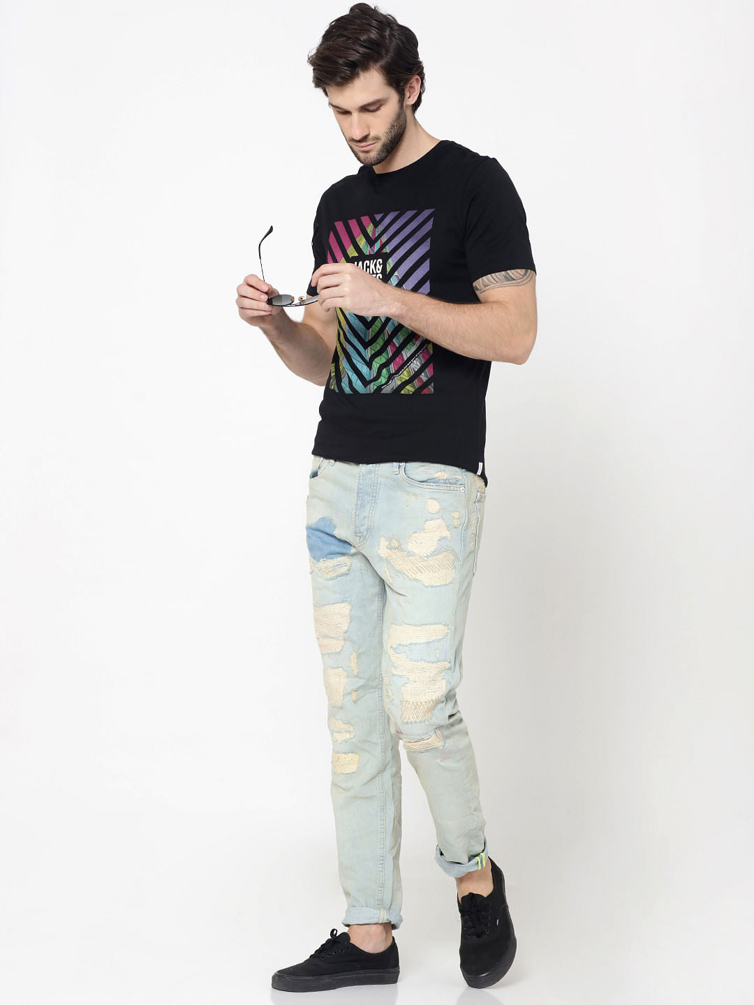 Black Colourful Print Photo Print Crew Neck T-Shirt