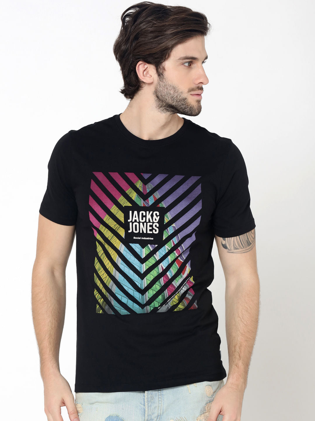 Black Colourful Print Photo Print Crew Neck T-Shirt - S