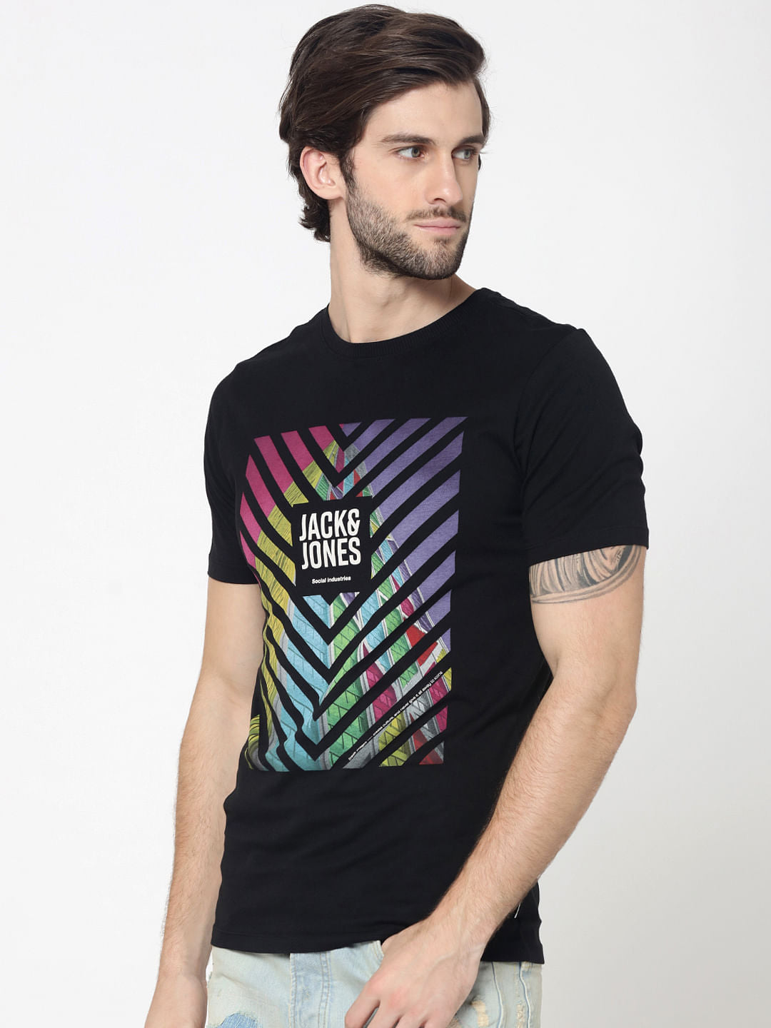Black Colourful Print Photo Print Crew Neck T-Shirt