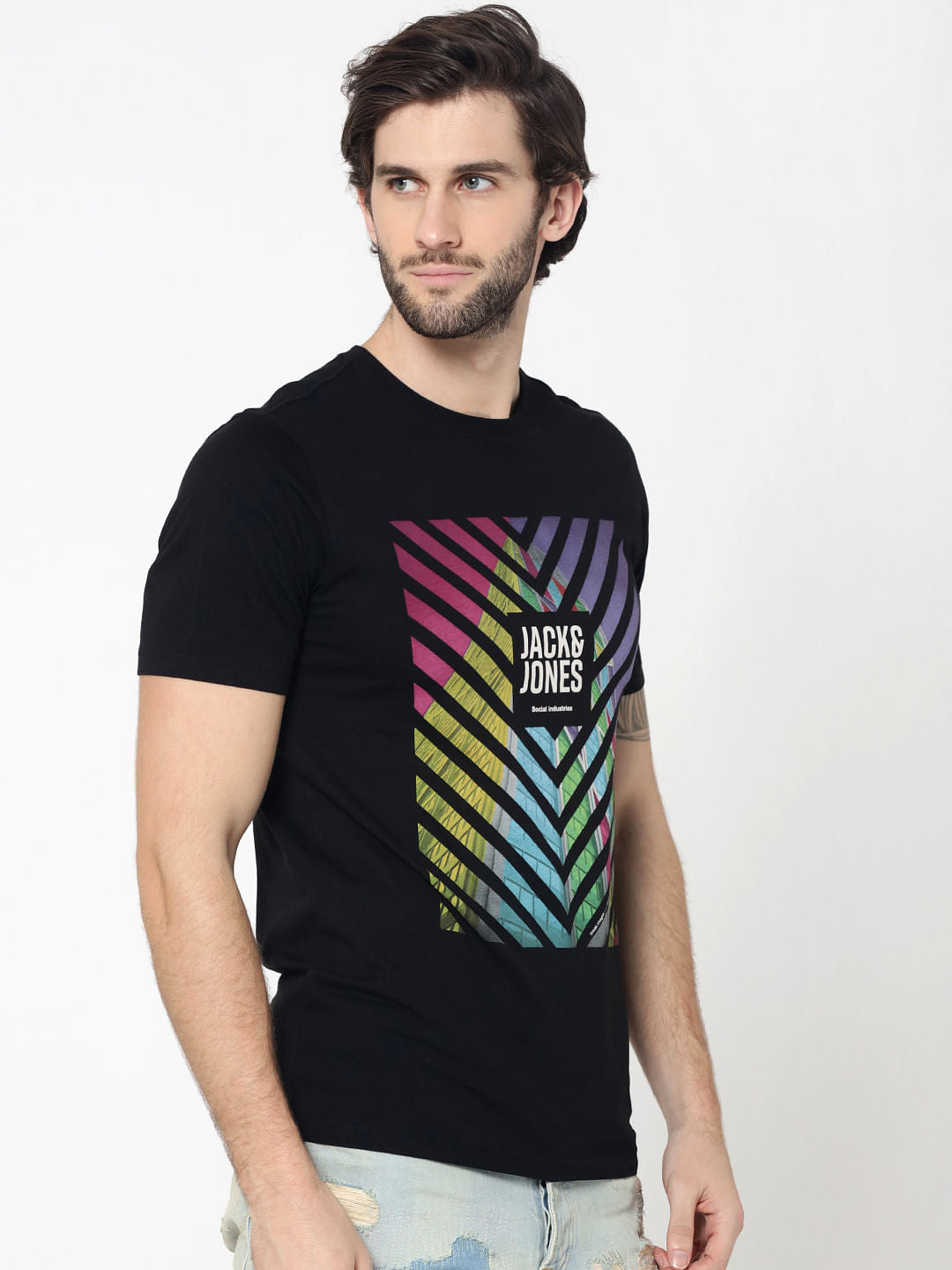Black Colourful Print Photo Print Crew Neck T-Shirt