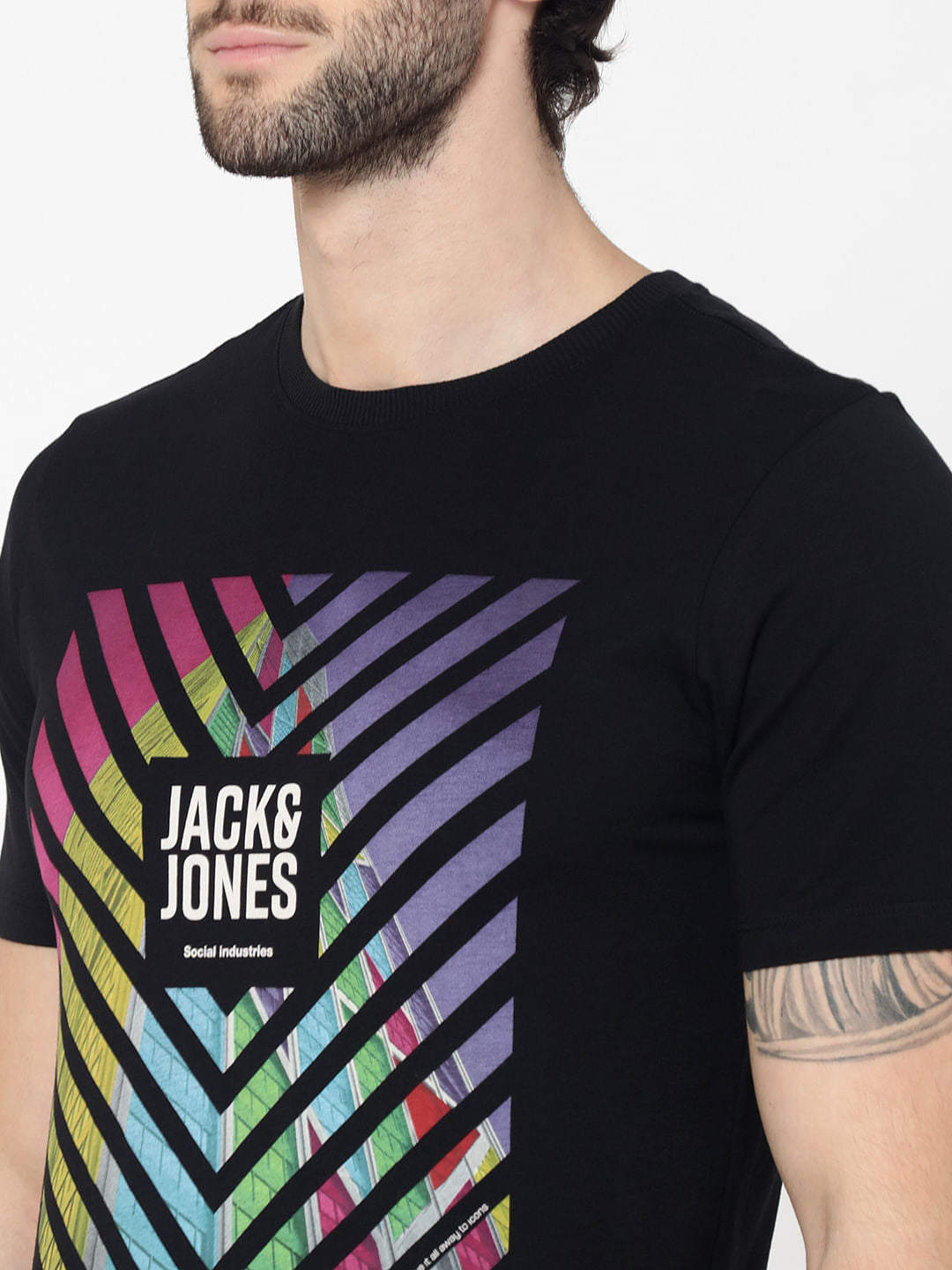 Black Colourful Print Photo Print Crew Neck T-Shirt