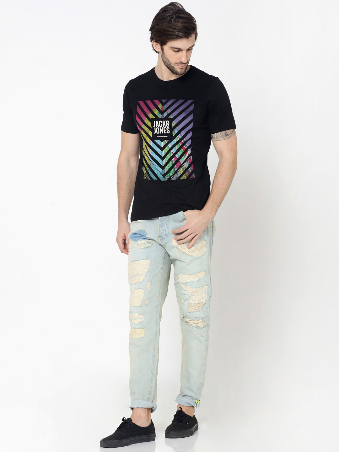 Black Colourful Print Photo Print Crew Neck T-Shirt