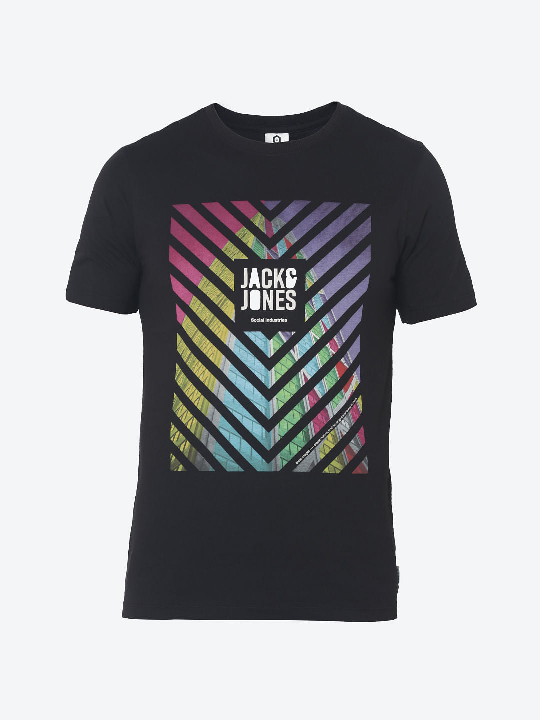 Black Colourful Print Photo Print Crew Neck T-Shirt