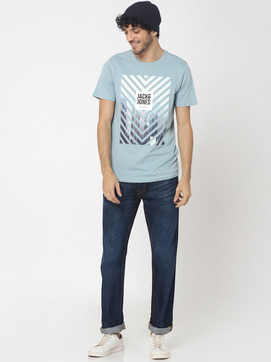 Blue Photo Print Crew Neck T-Shirt
