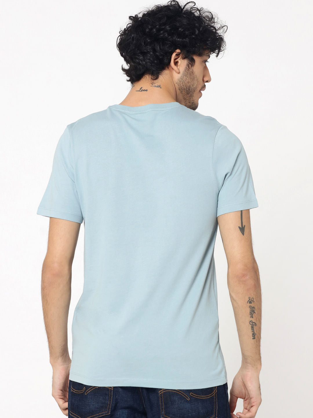 Blue Photo Print Crew Neck T-Shirt