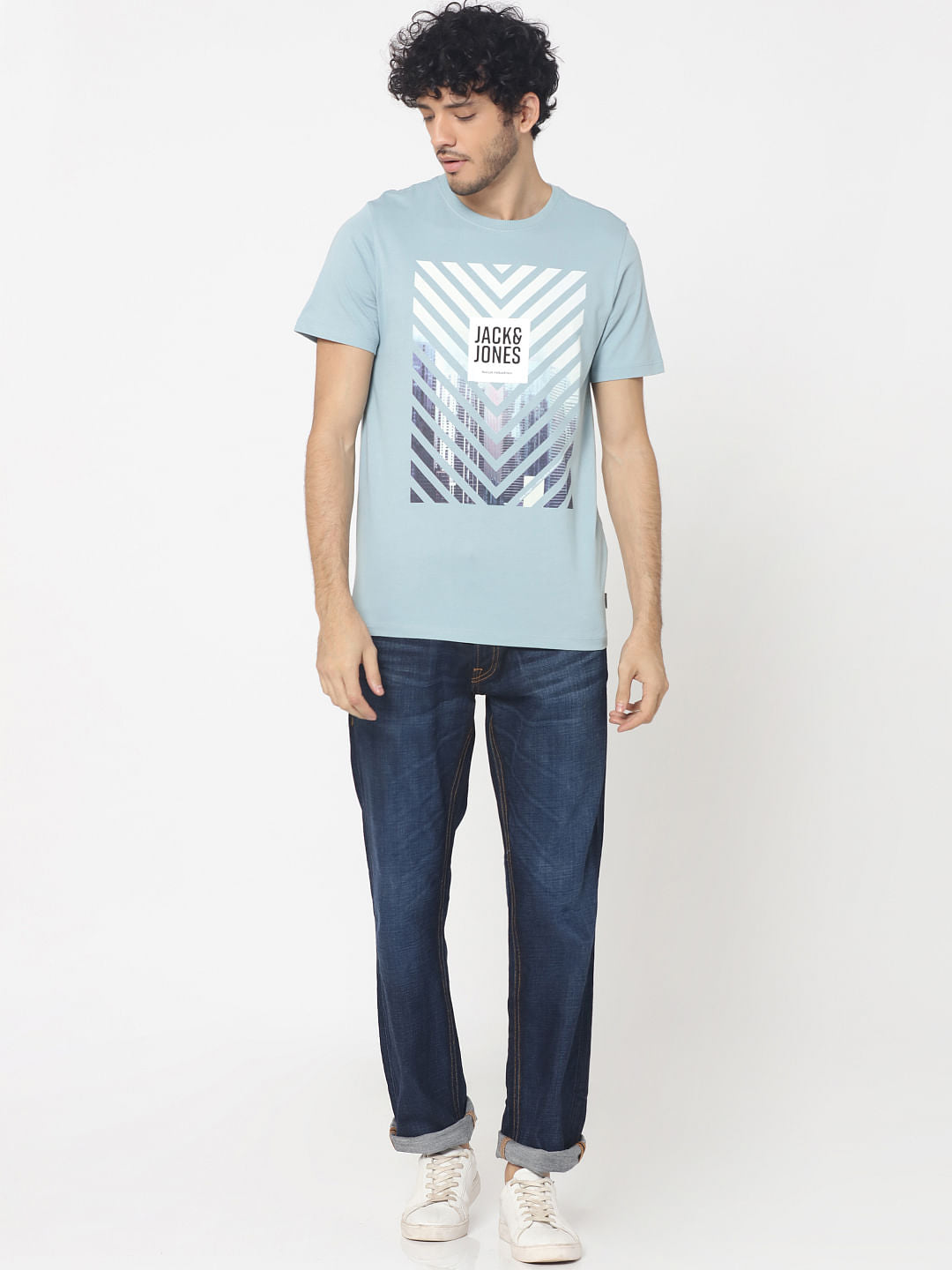 Blue Photo Print Crew Neck T-Shirt