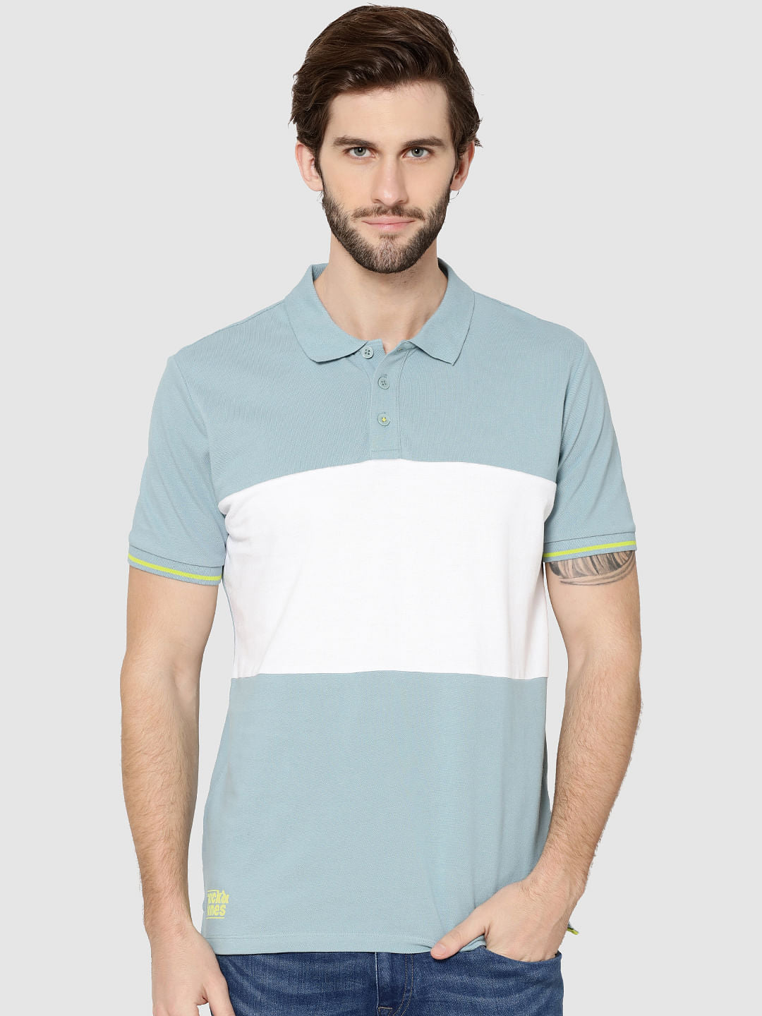 Light Blue Colour Blocked Polo T-Shirt - S