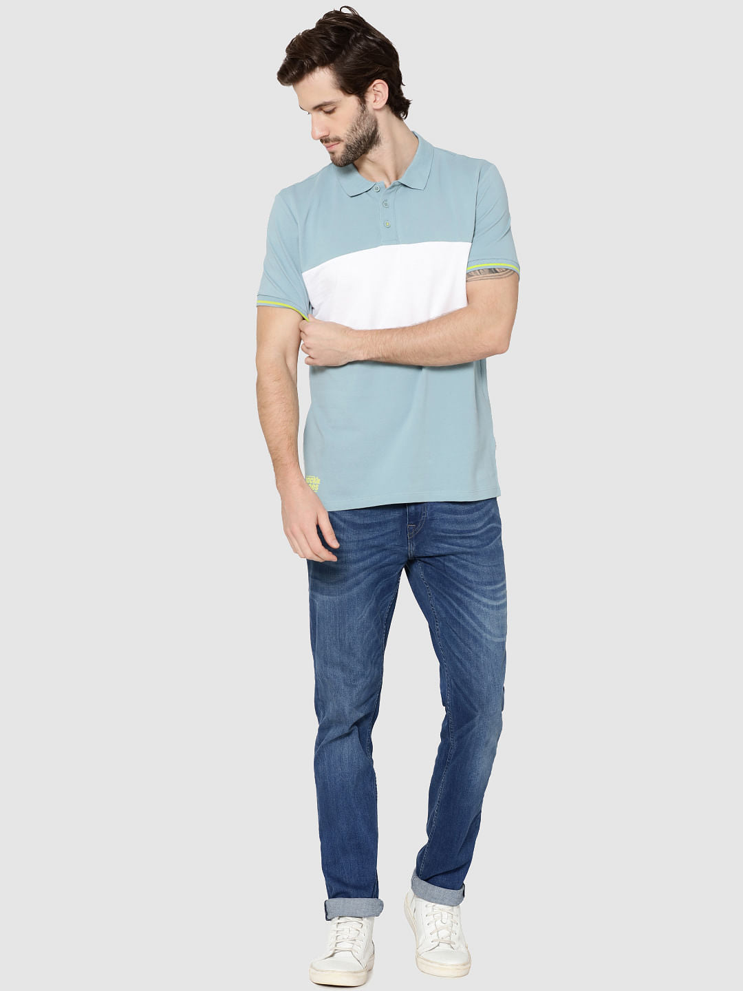 Light Blue Colour Blocked Polo T-Shirt