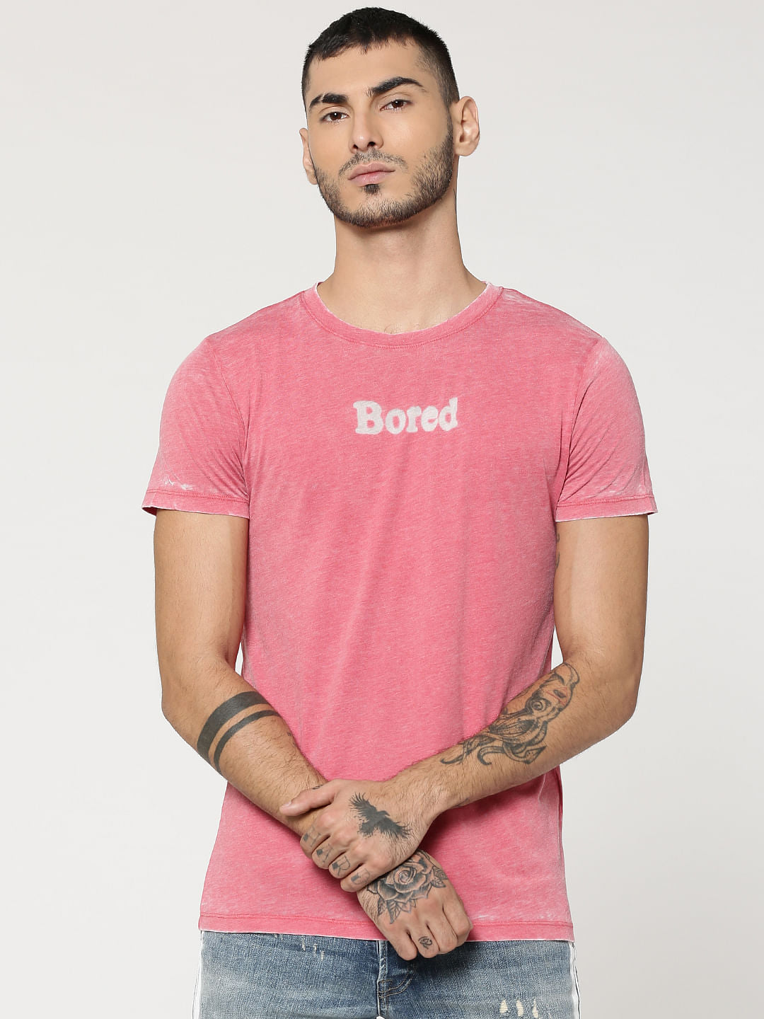 Red Text Print Crew Neck T-Shirt - S