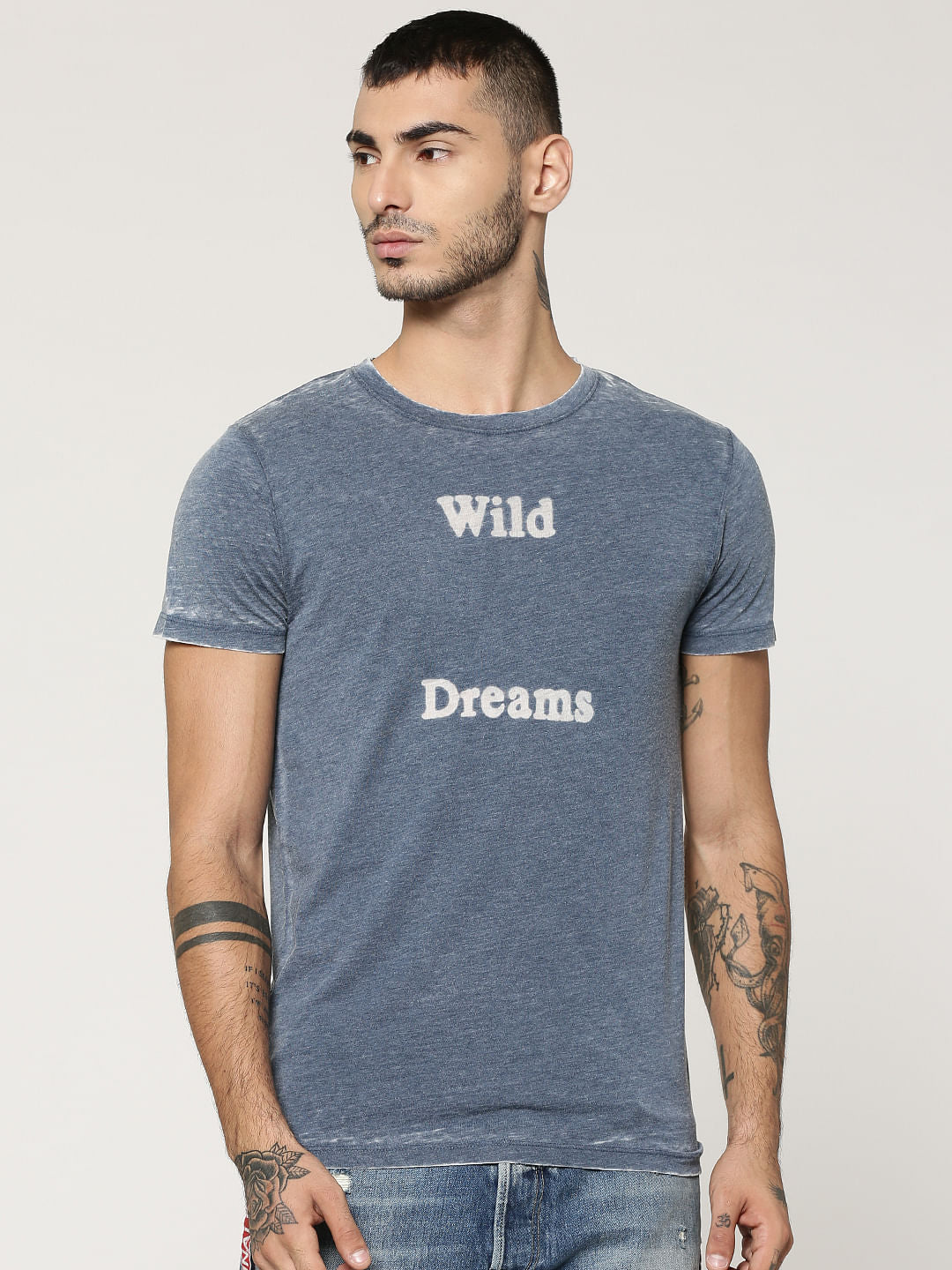 Grey Text Print Crew Neck T-Shirt - S