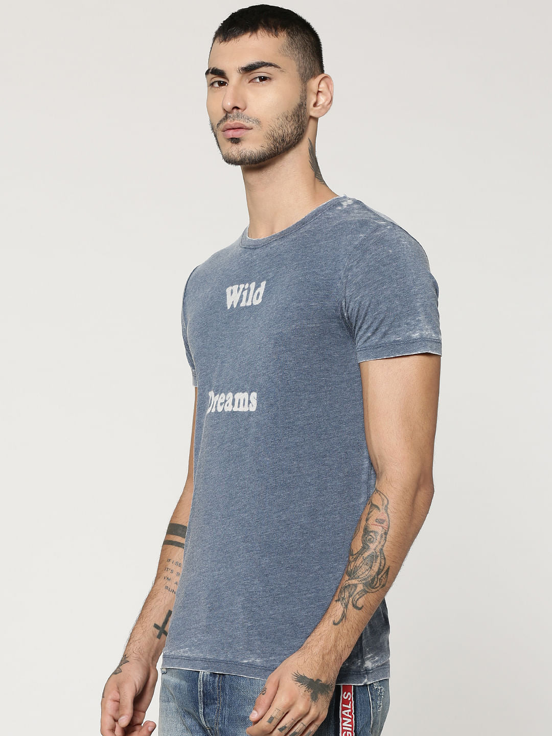 Grey Text Print Crew Neck T-Shirt