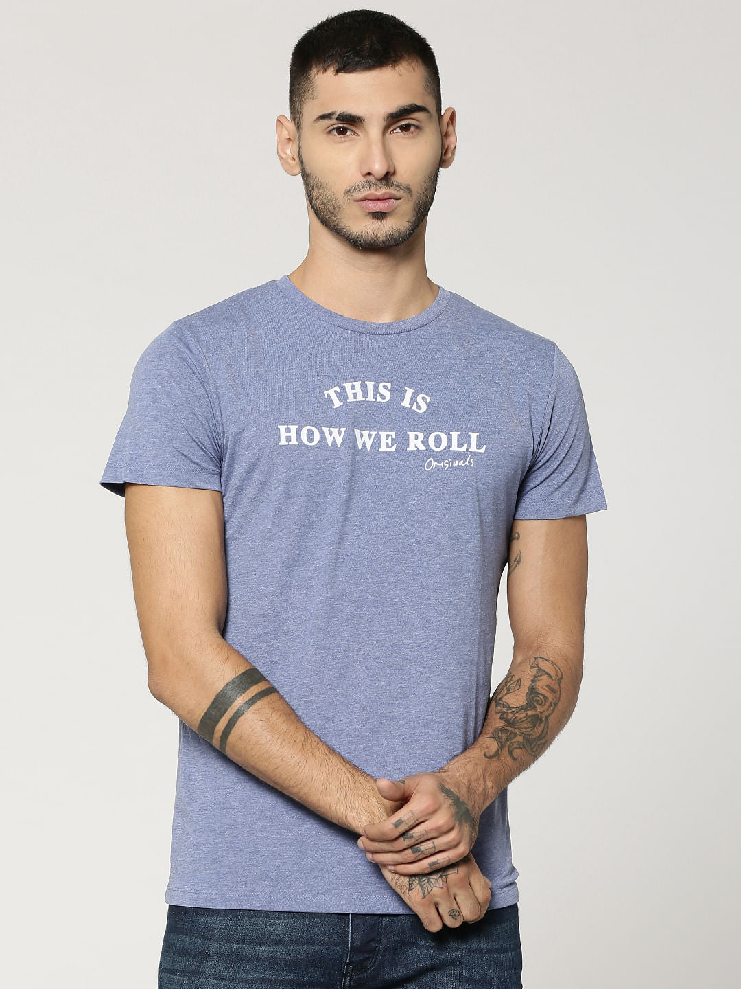 Light Blue Text Print Crew Neck T-Shirt - S