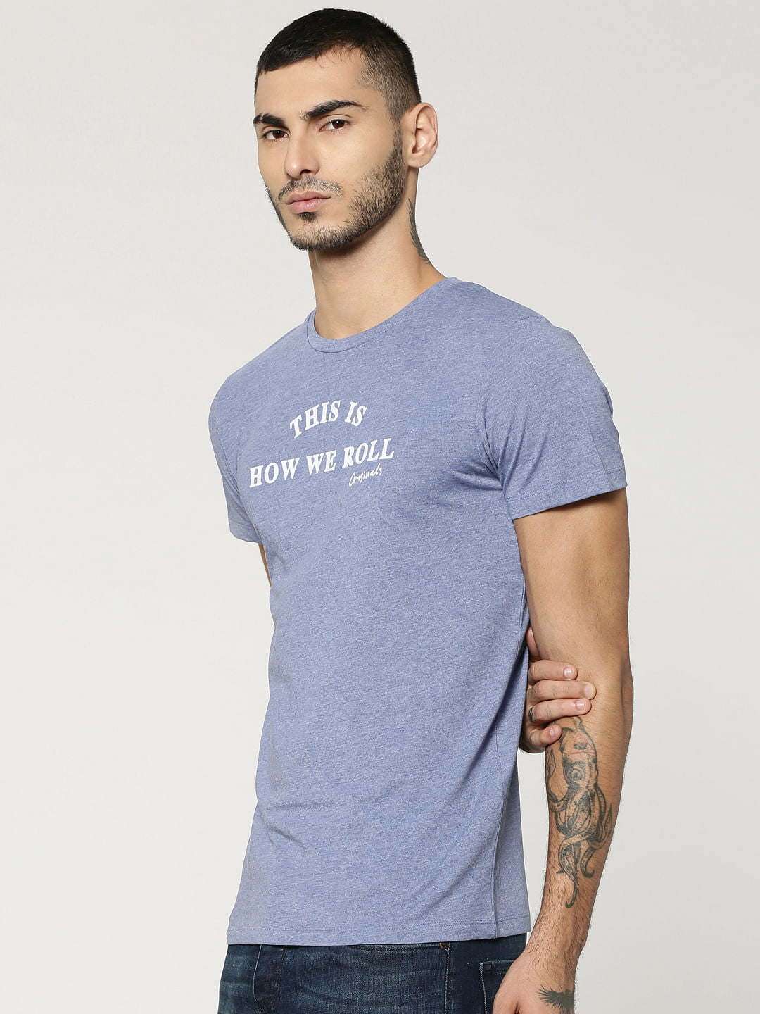 Light Blue Text Print Crew Neck T-Shirt