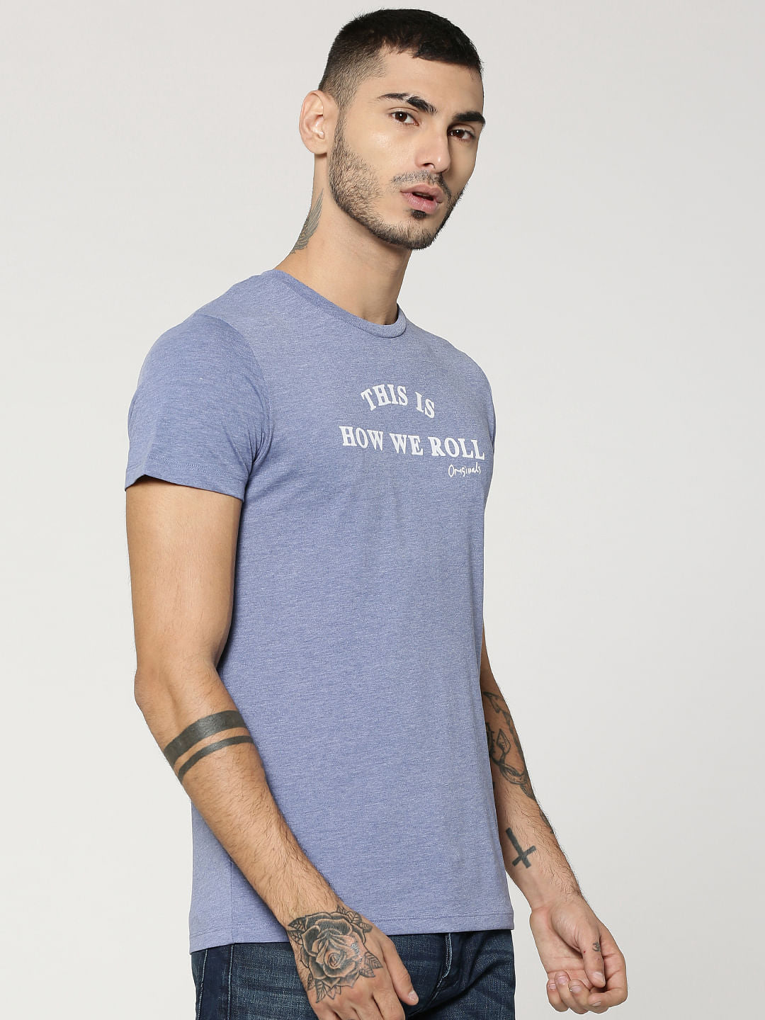 Light Blue Text Print Crew Neck T-Shirt