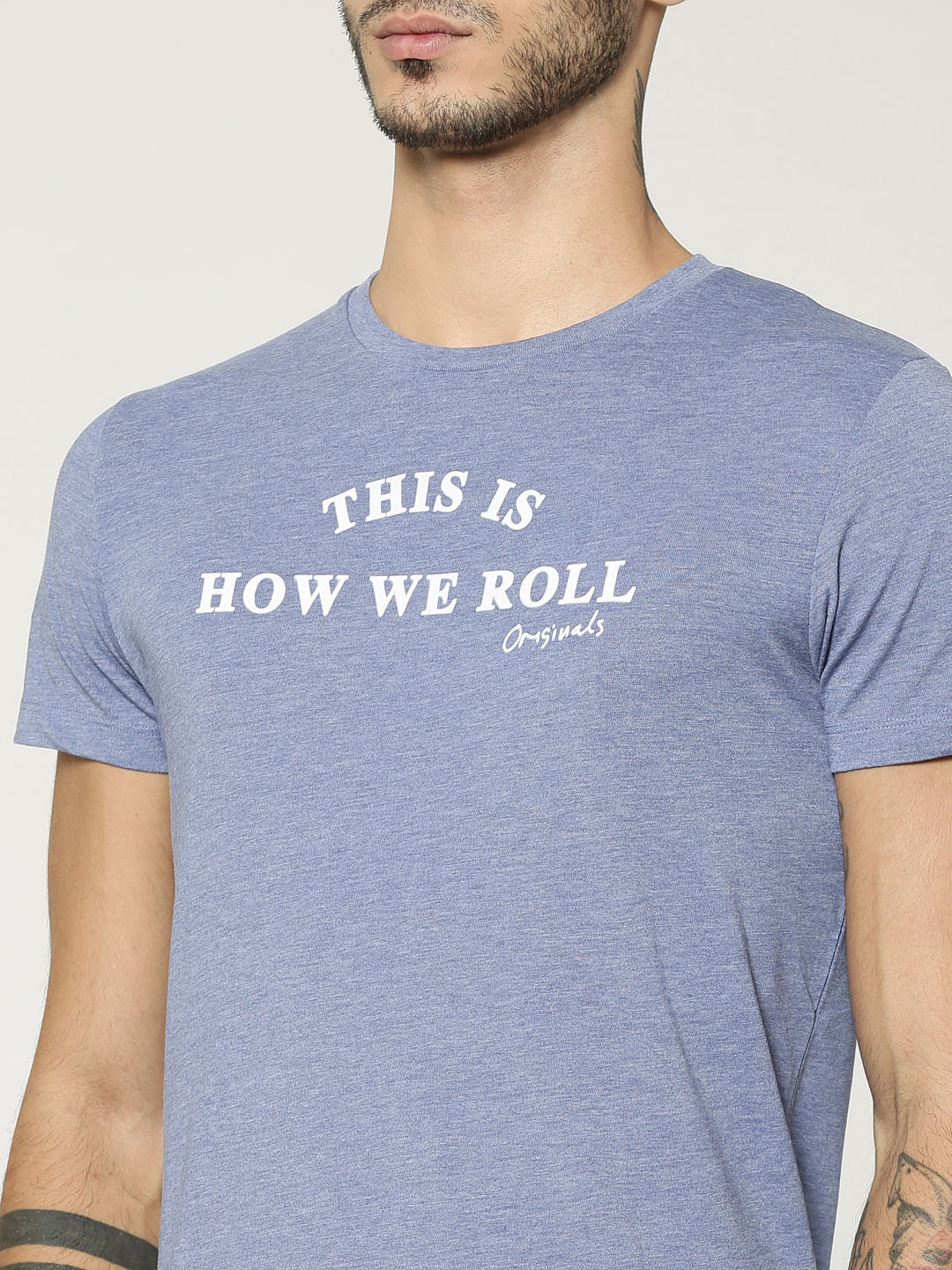 Light Blue Text Print Crew Neck T-Shirt