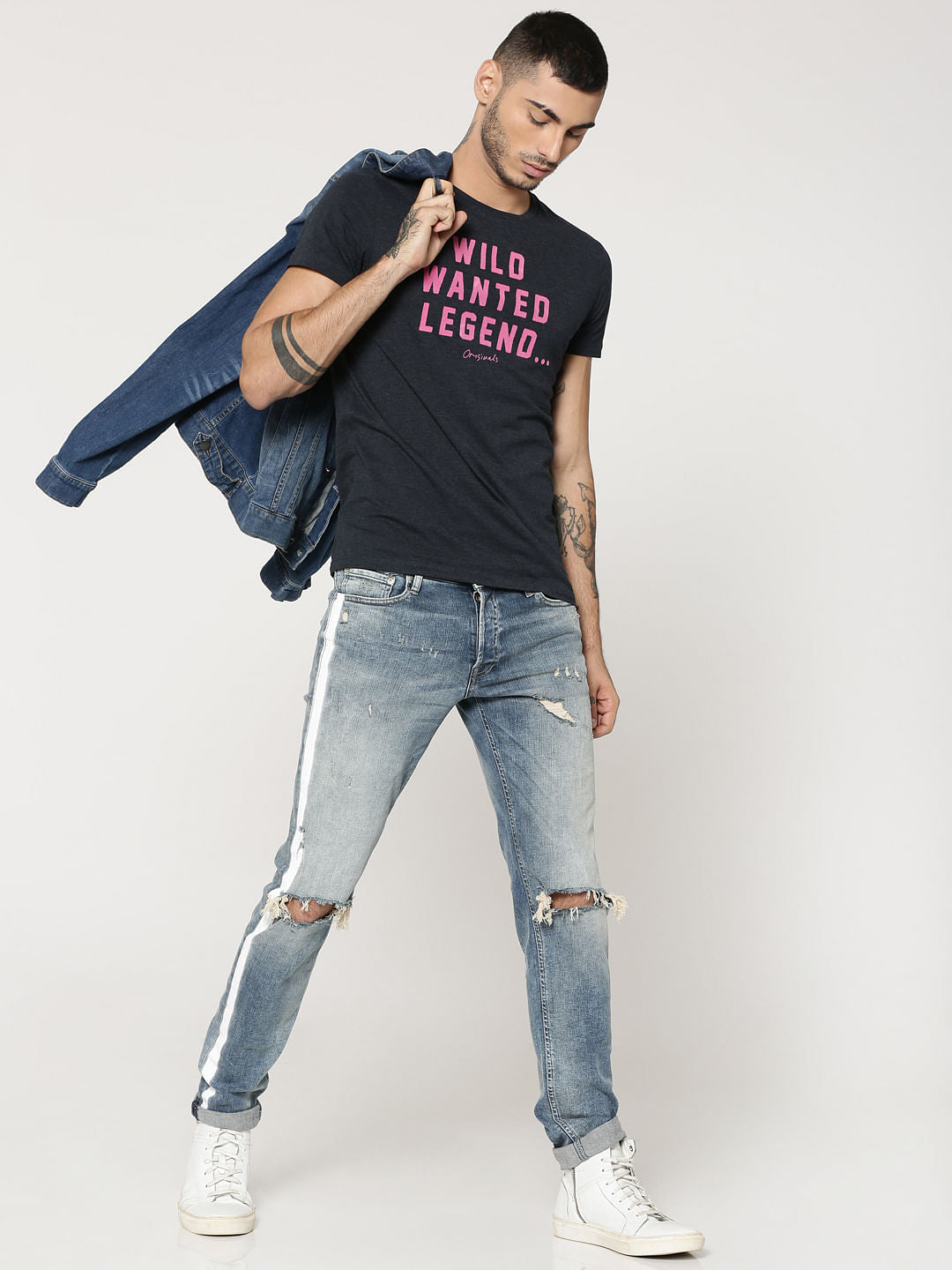Dark Grey Text Print Crew Neck T-Shirt
