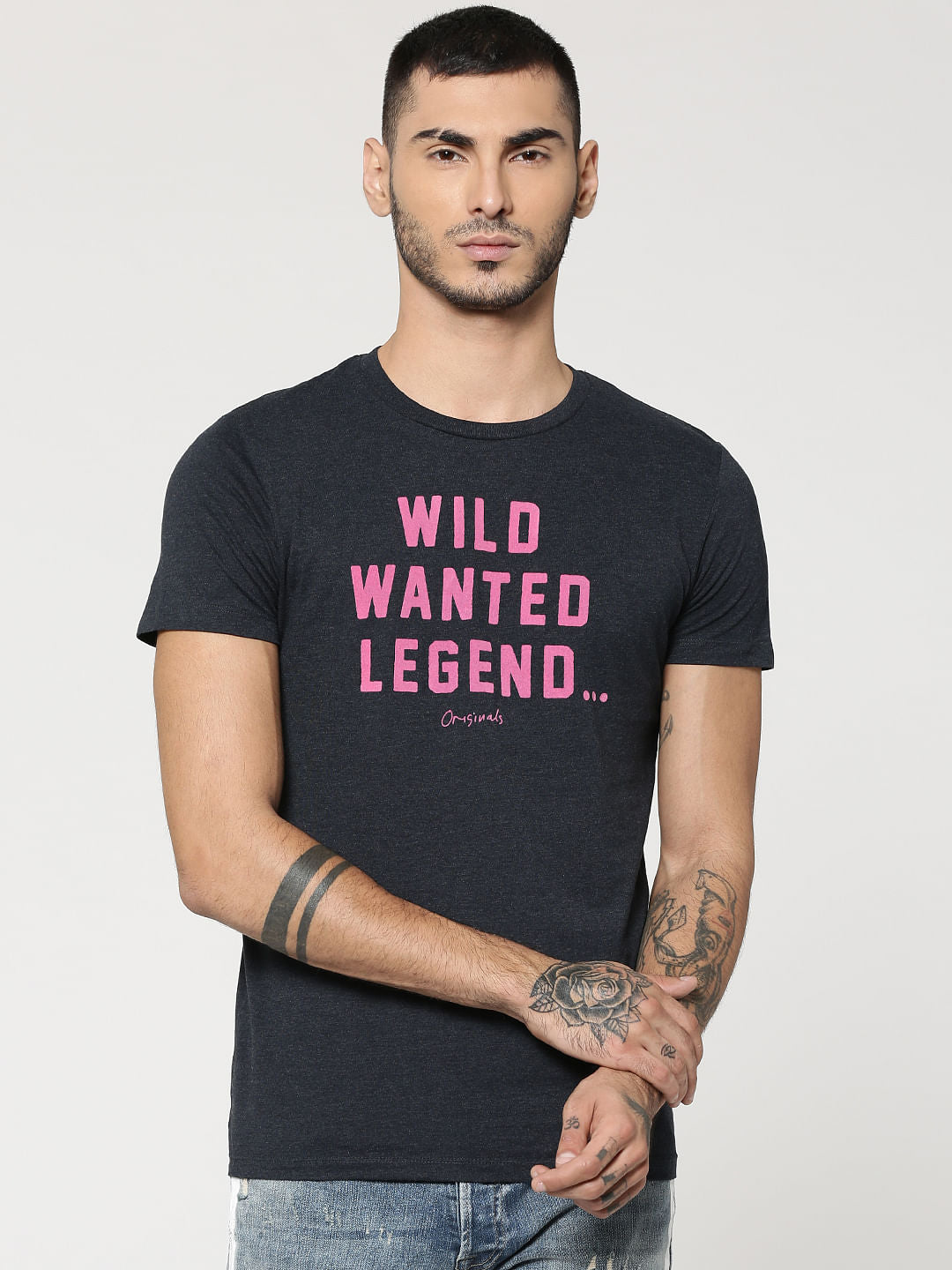 Dark Grey Text Print Crew Neck T-Shirt - S