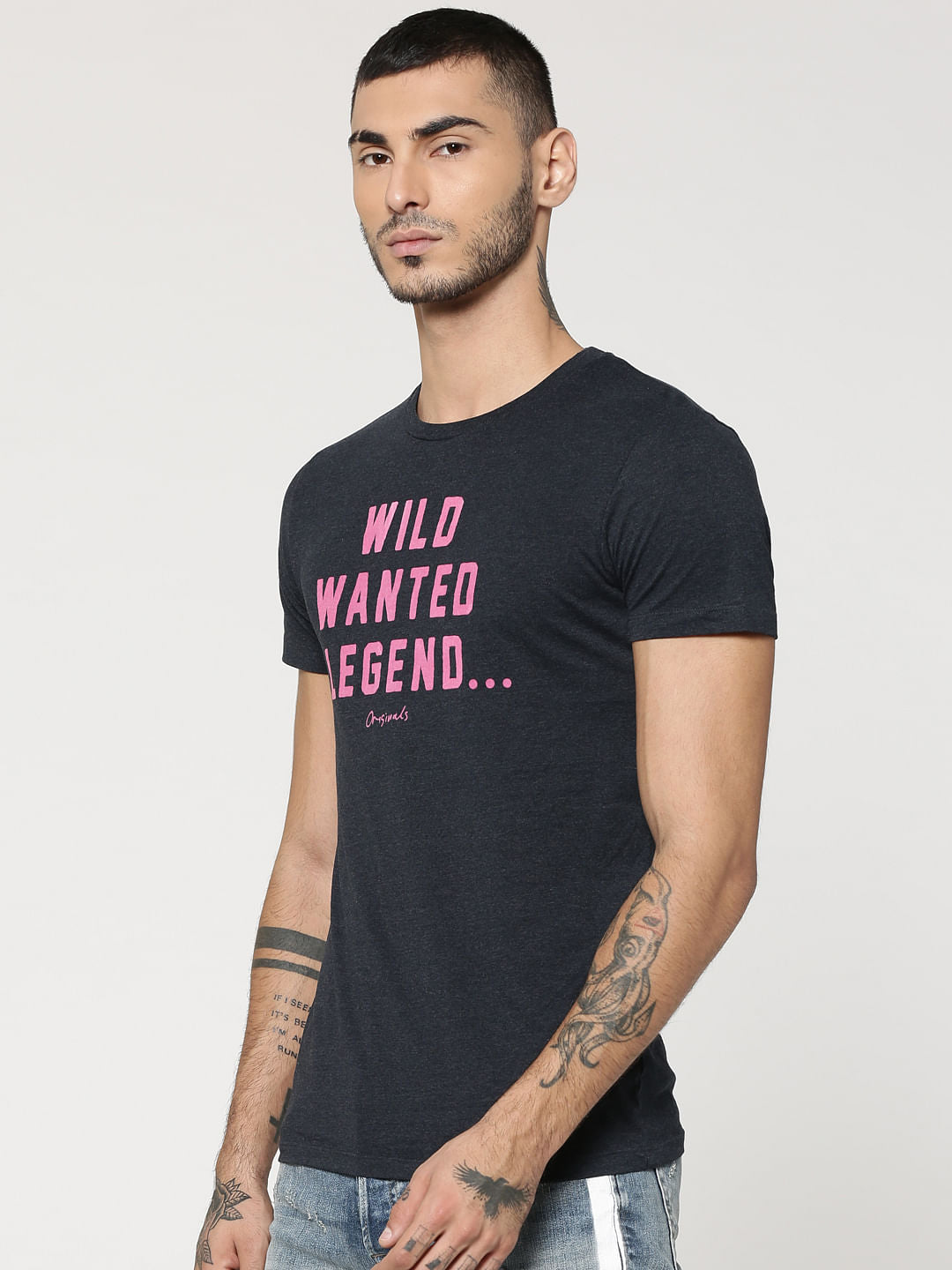 Dark Grey Text Print Crew Neck T-Shirt