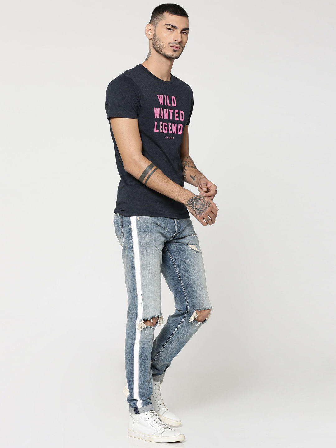 Dark Grey Text Print Crew Neck T-Shirt