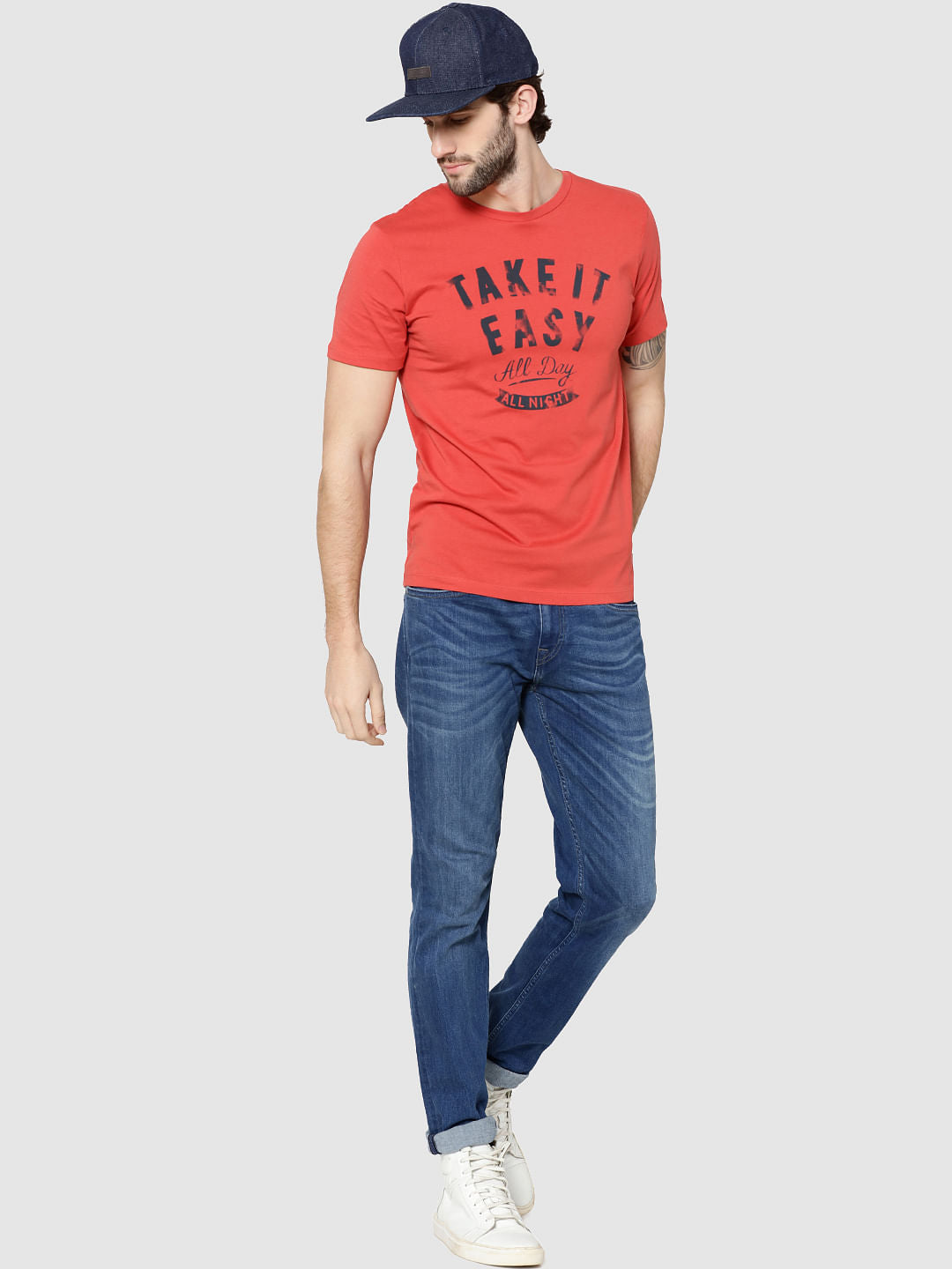 Red Text Print Crew Neck T-Shirt