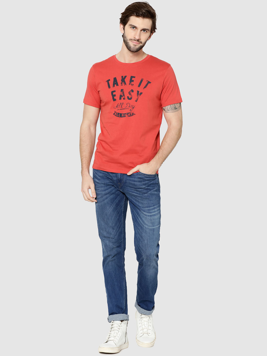 Red Text Print Crew Neck T-Shirt
