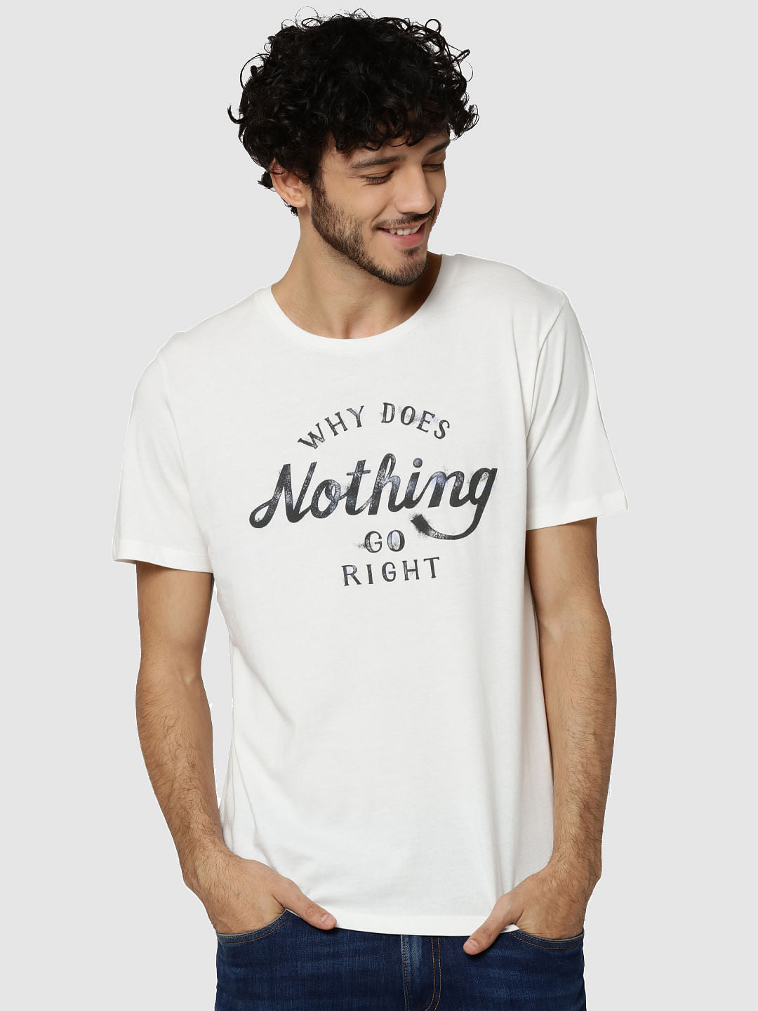 White Text Print Crew Neck T-Shirt - S