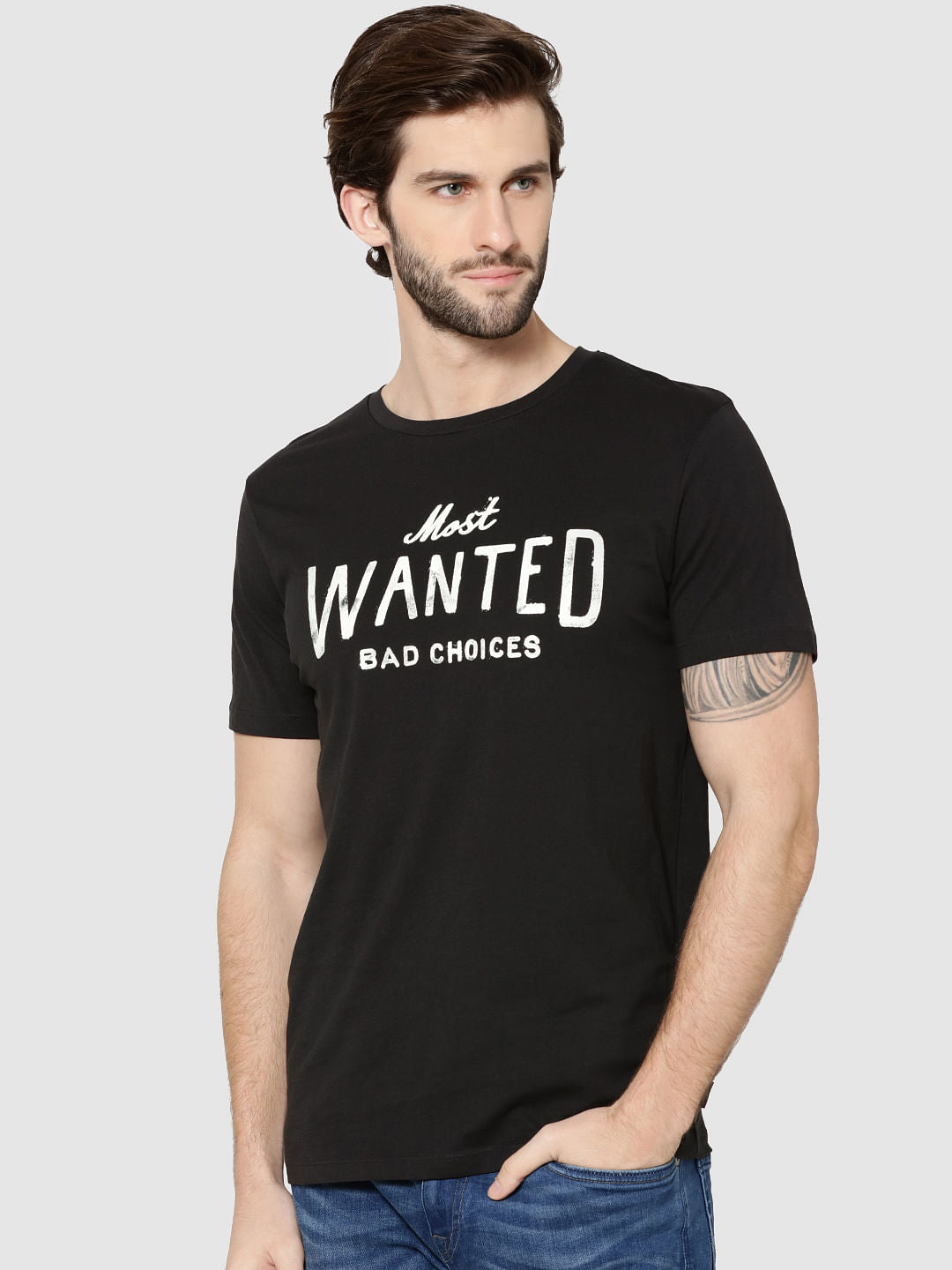 Black Text Crew Neck T-Shirt - S