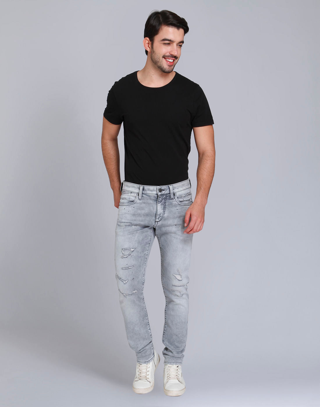 Grey Distressed Slim Fit Jeans