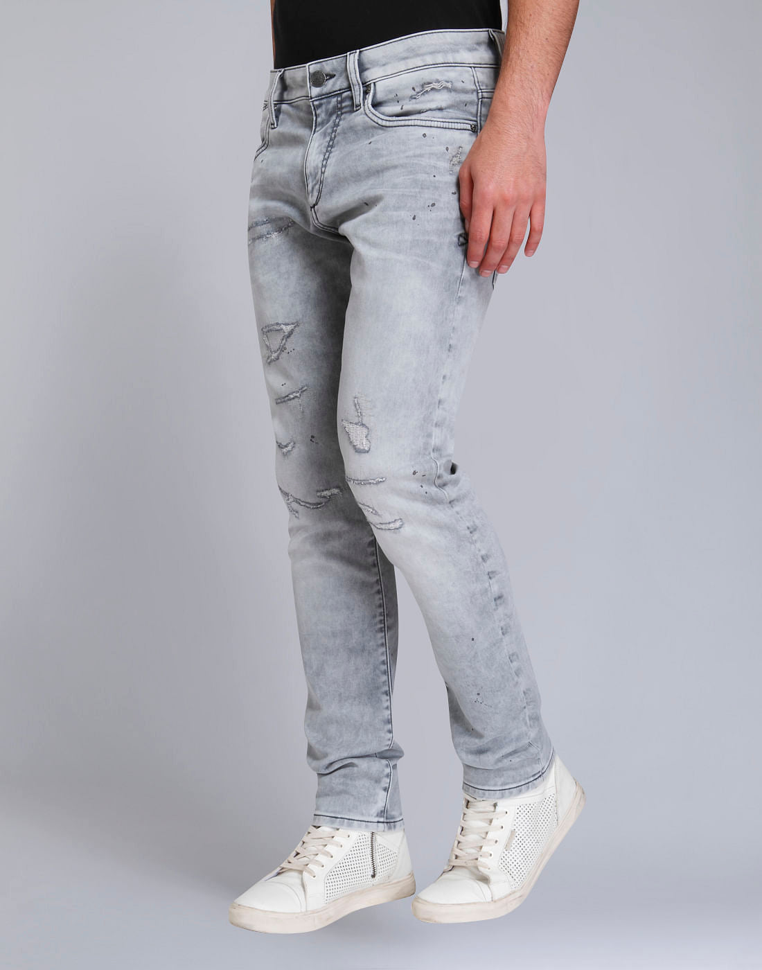 Grey Distressed Slim Fit Jeans