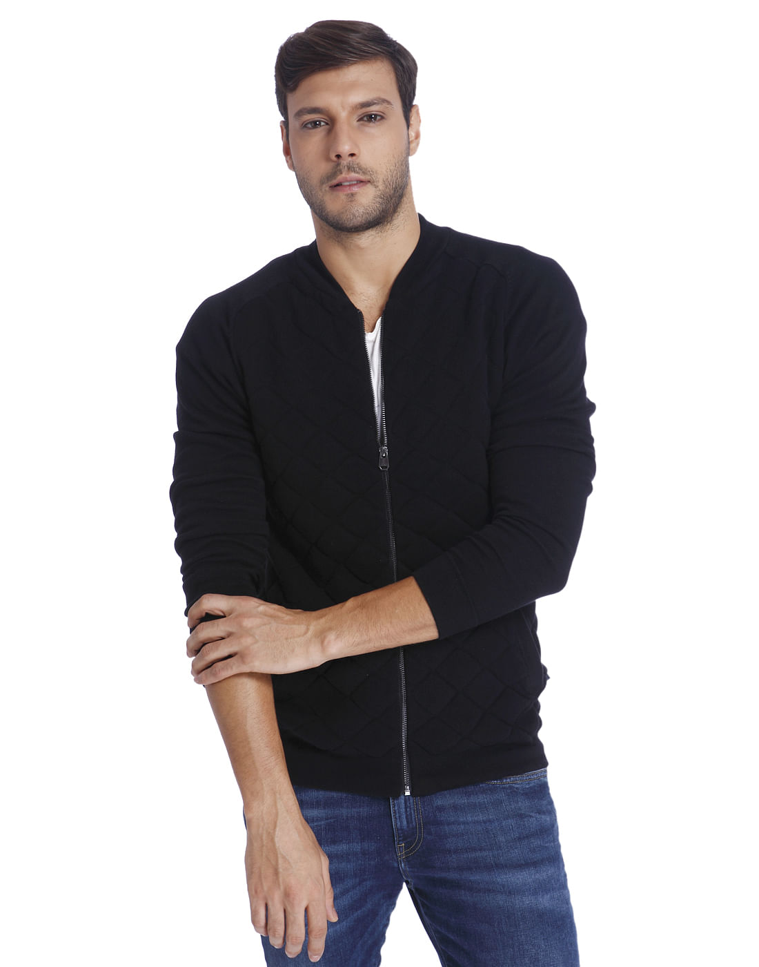 Black Quilted Zip Up Cardigan - S
