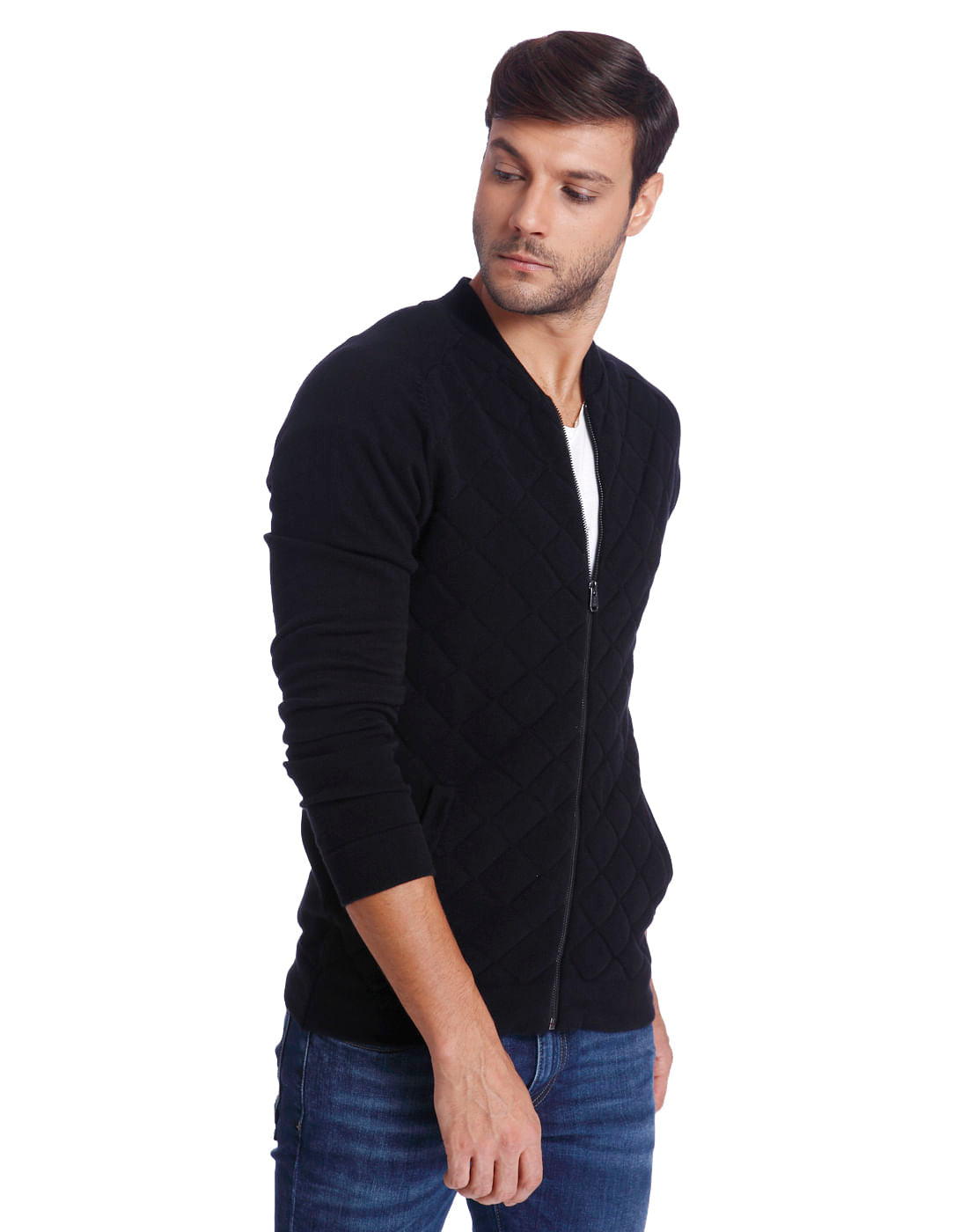 Black Quilted Zip Up Cardigan