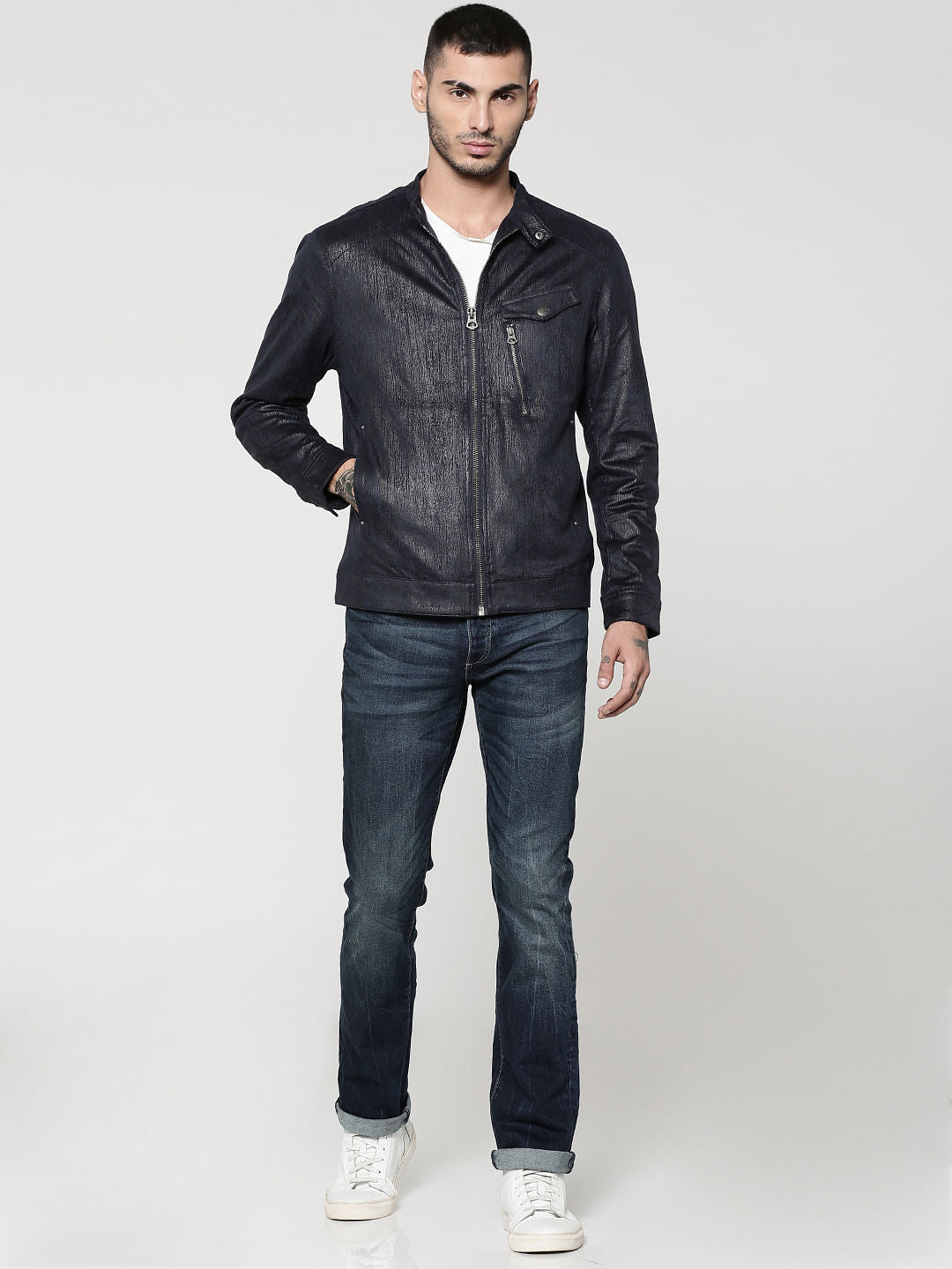 Dark Blue Textured Suede Biker Jacket