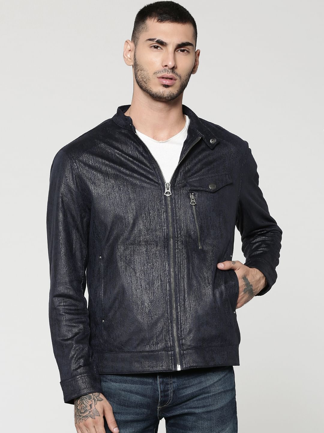Dark Blue Textured Suede Biker Jacket - S