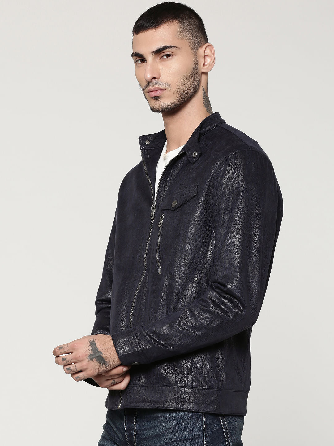 Dark Blue Textured Suede Biker Jacket