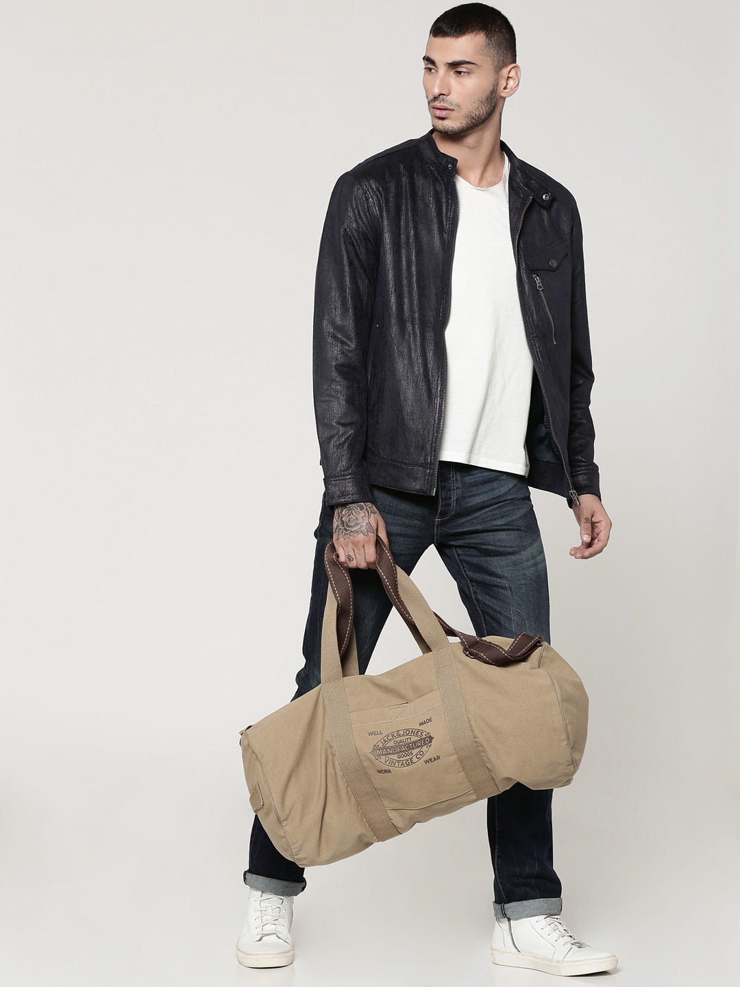 Dark Blue Textured Suede Biker Jacket
