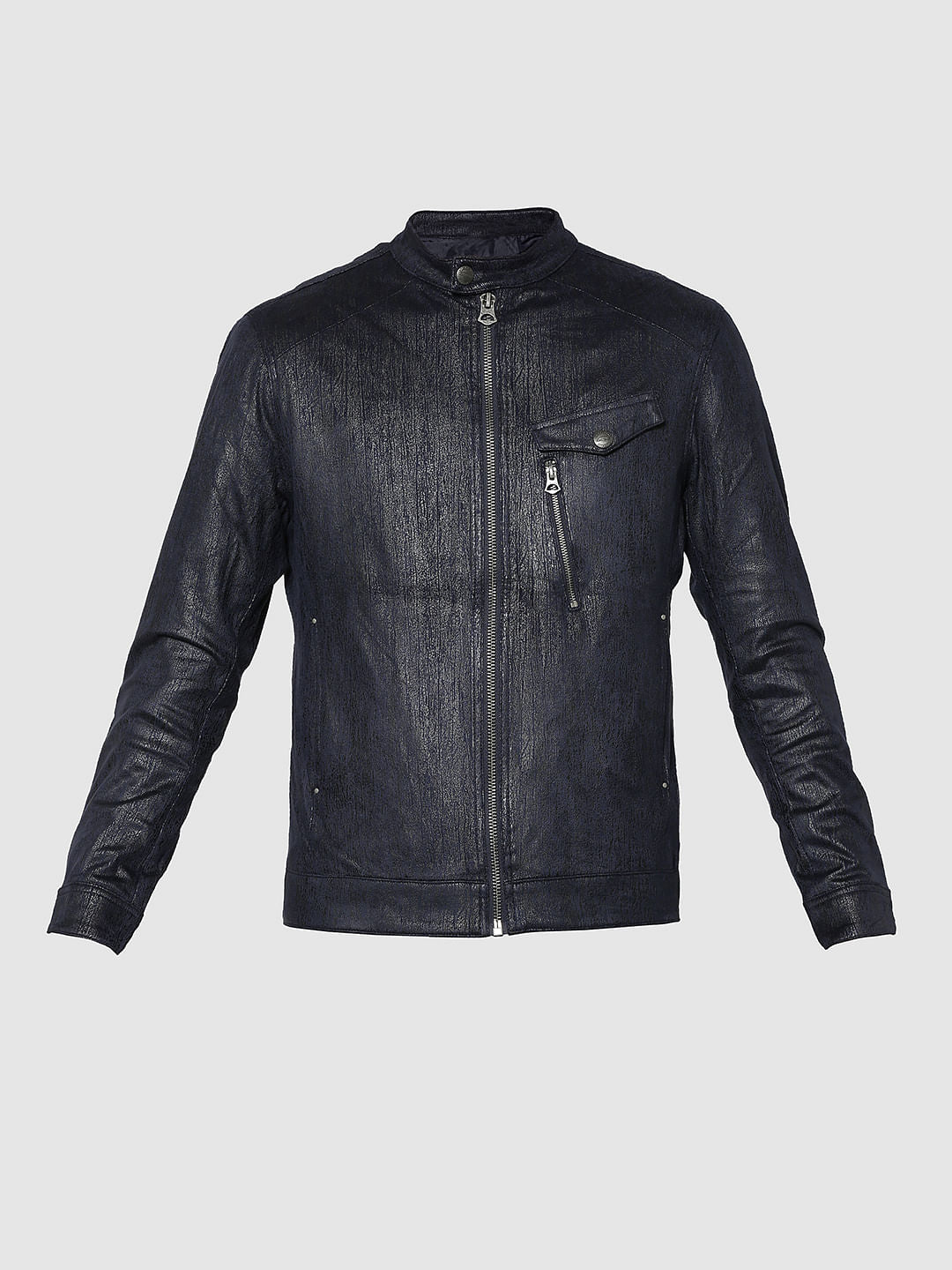 Dark Blue Textured Suede Biker Jacket