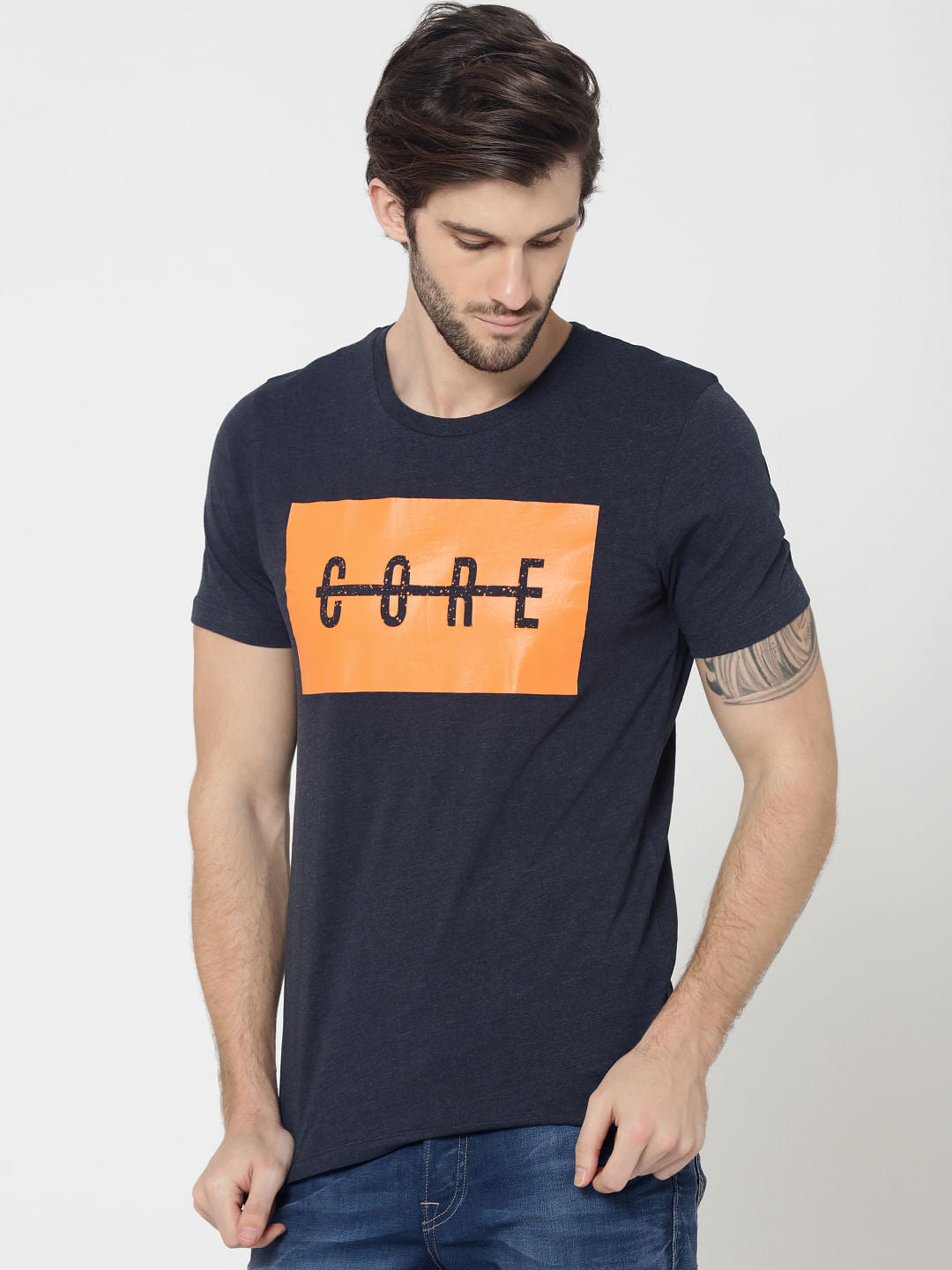 Blue Graphic Print Colour Blocked Crew Neck T-Shirt - S