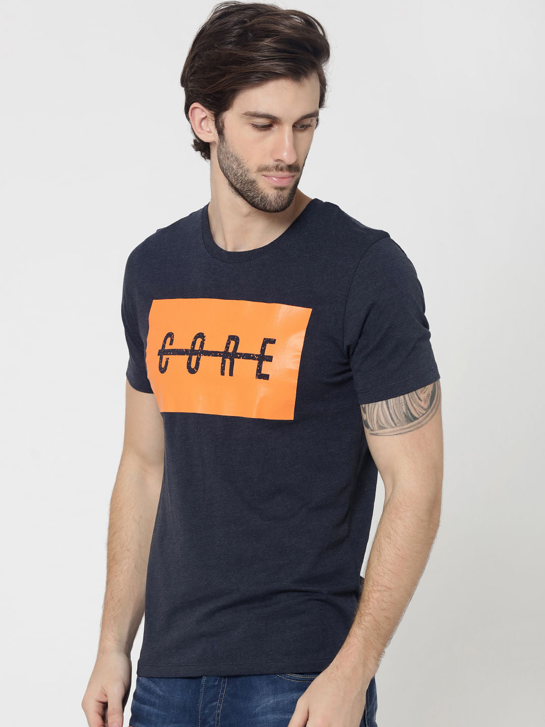 Blue Graphic Print Colour Blocked Crew Neck T-Shirt