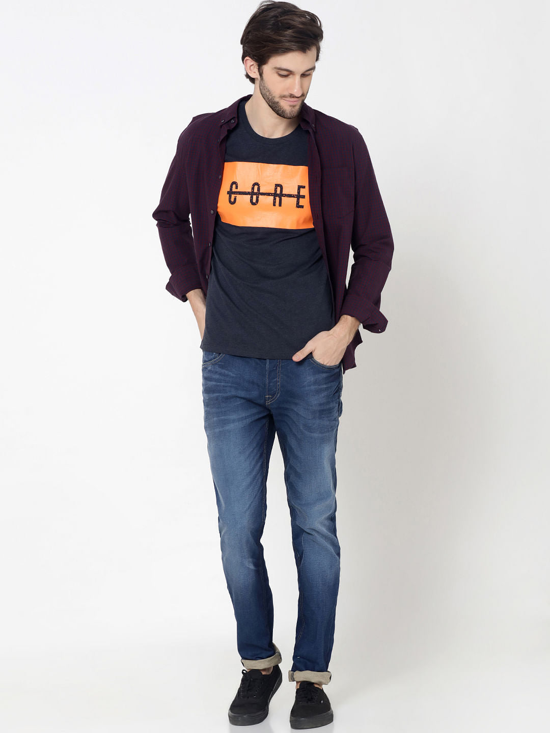 Blue Graphic Print Colour Blocked Crew Neck T-Shirt