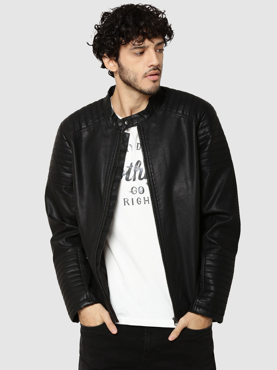 Black Ribbed Biker Jacket - S