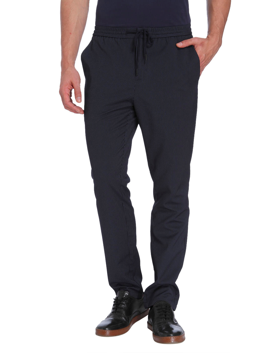 Dark Blue Striped Drawstring Slim Sweatpants - 46